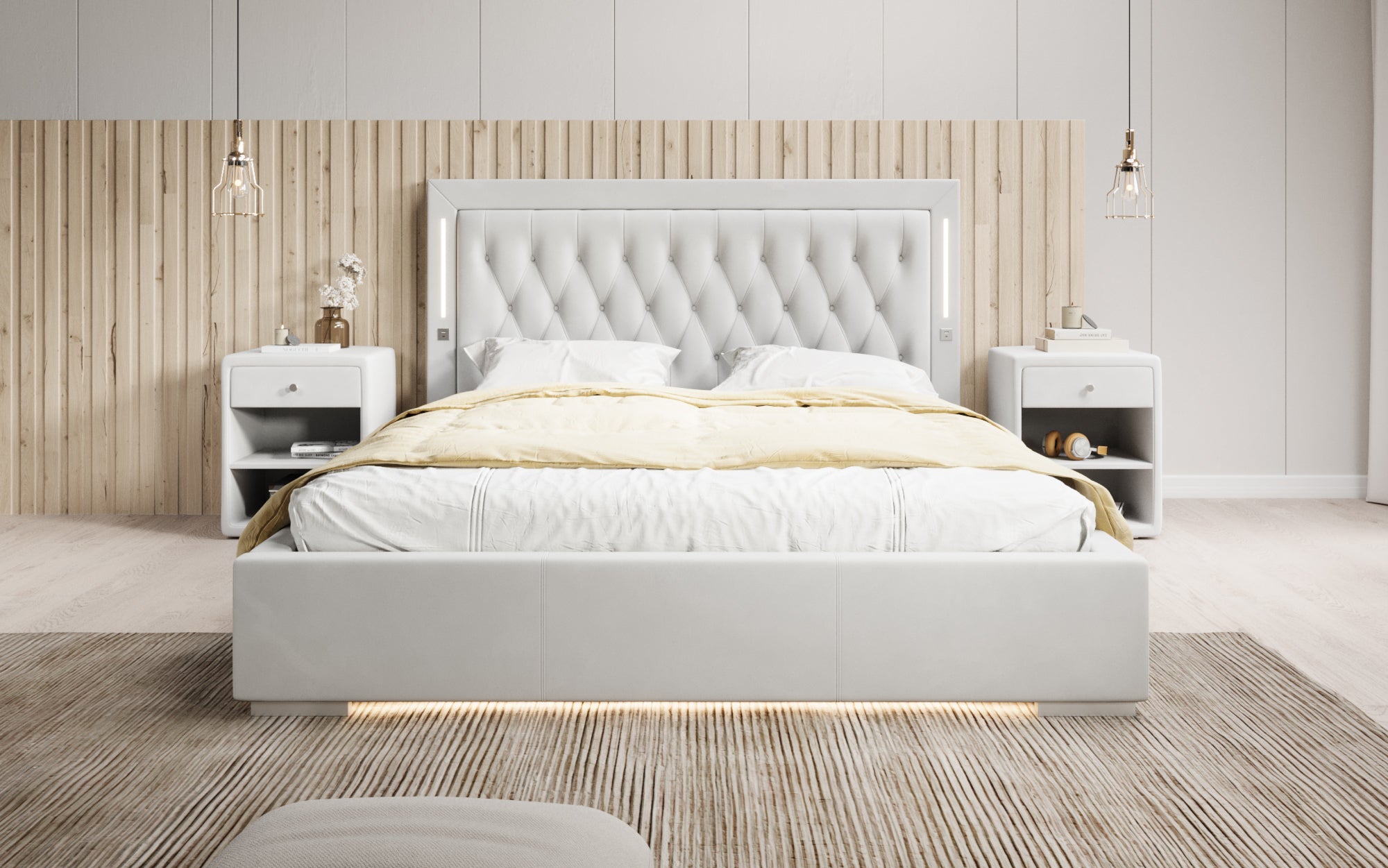 Luxuriöses Designer-Polsterbett Relina: Samt, RGB-Beleuchtung, USB & Geräumiger Stauraum