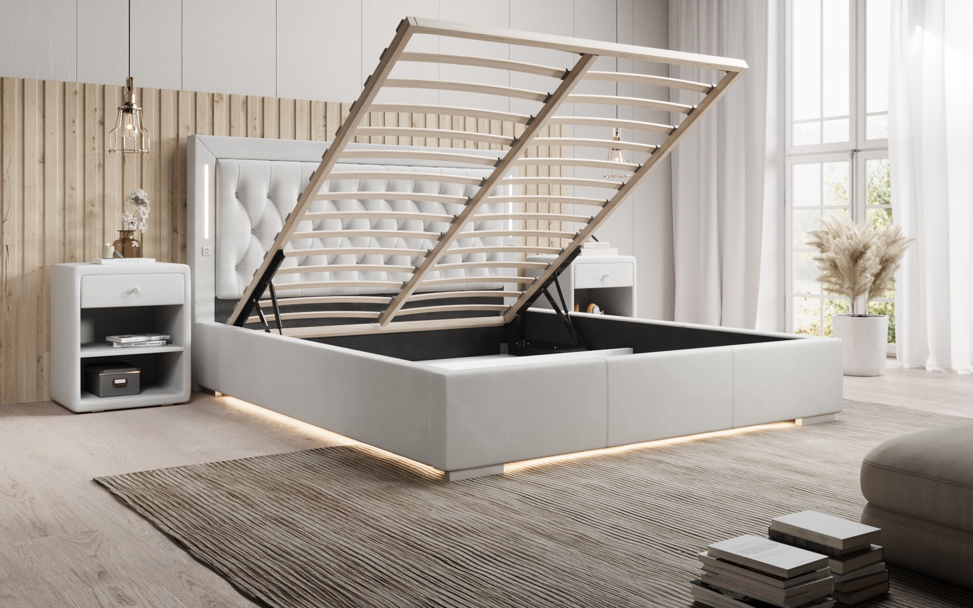 Luxuriöses Designer-Polsterbett Relina: Samt, RGB-Beleuchtung, USB & Geräumiger Stauraum
