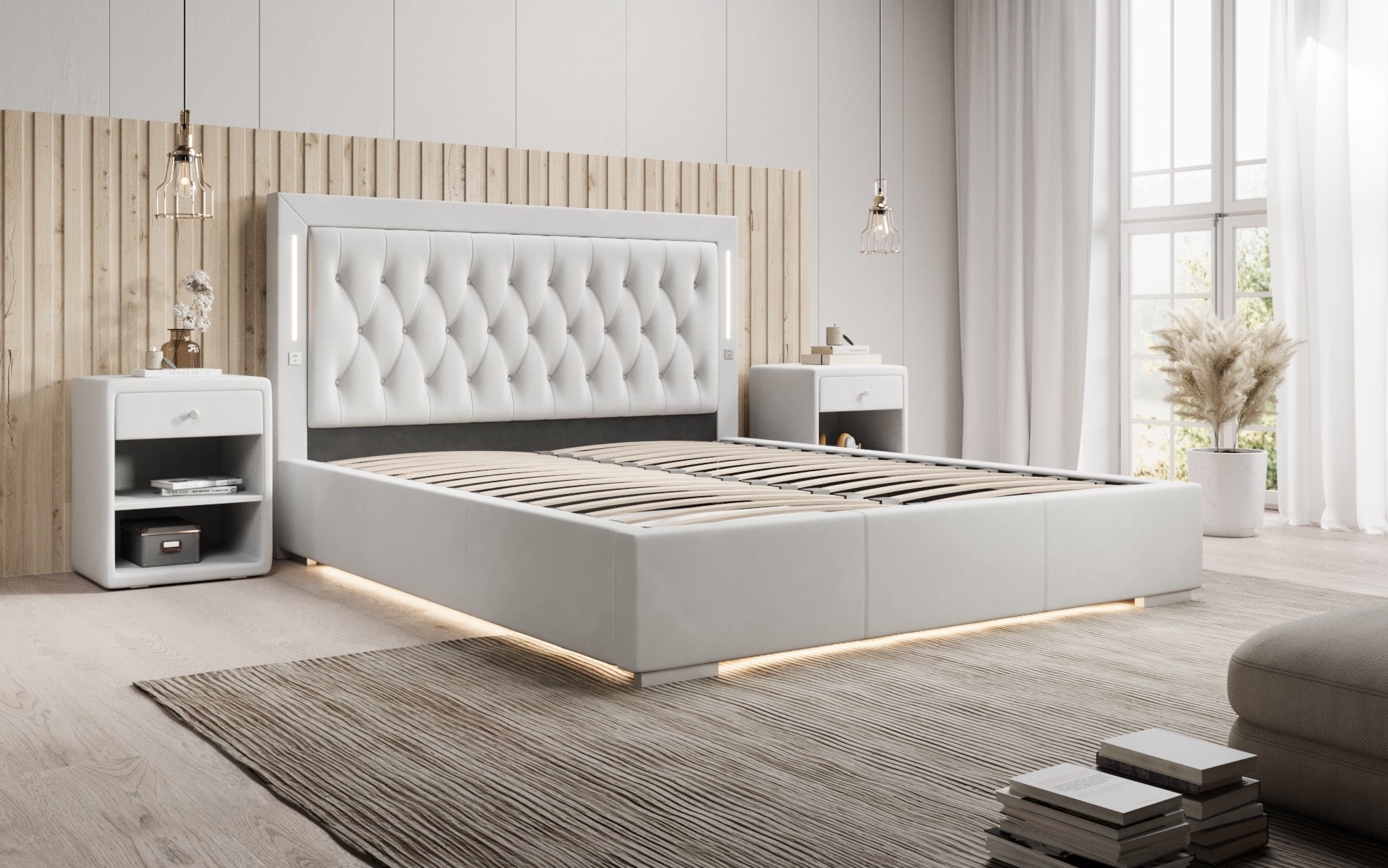 Luxuriöses Designer-Polsterbett Relina: Samt, RGB-Beleuchtung, USB & Geräumiger Stauraum