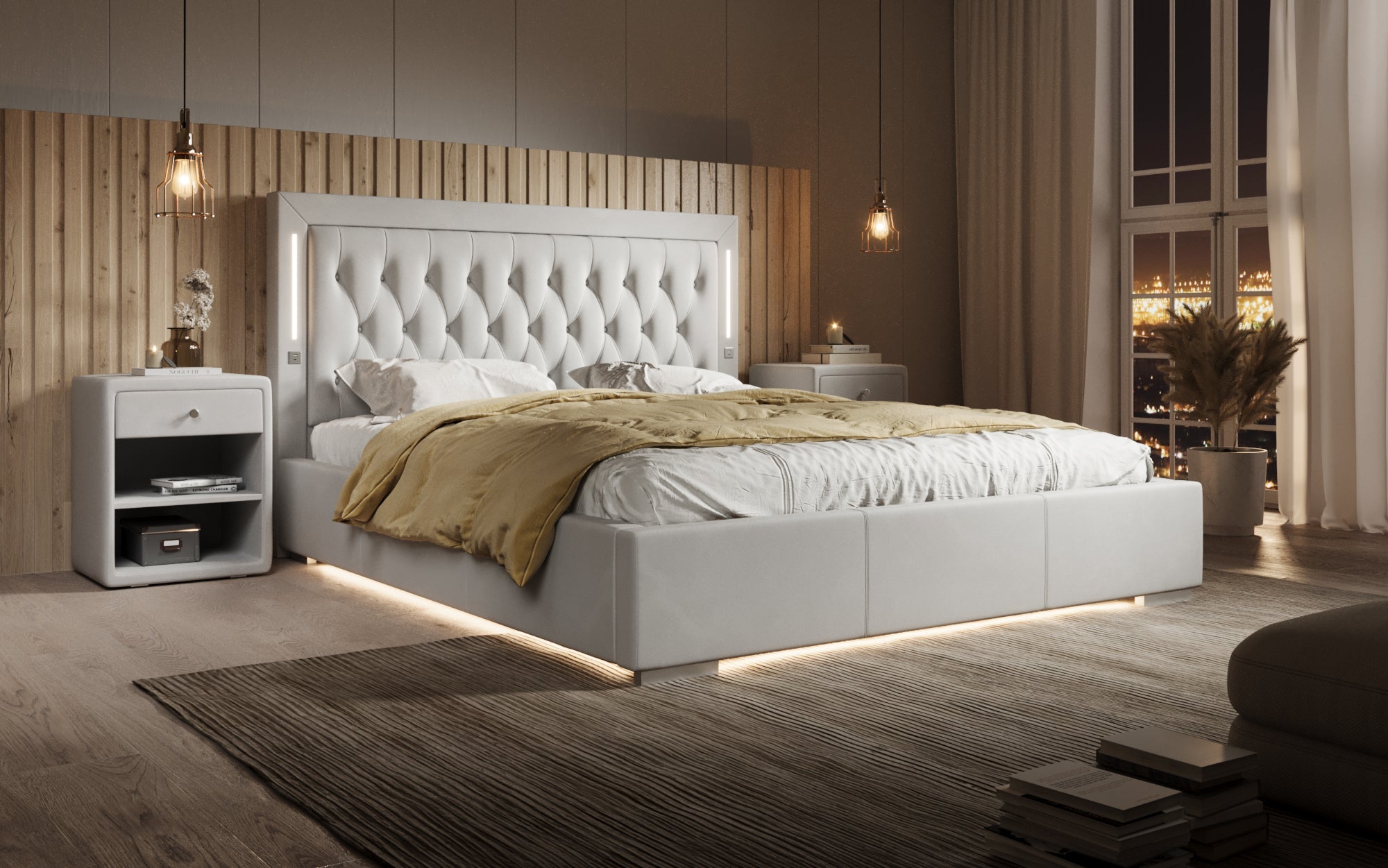 Luxuriöses Designer-Polsterbett Relina: Samt, RGB-Beleuchtung, USB & Geräumiger Stauraum