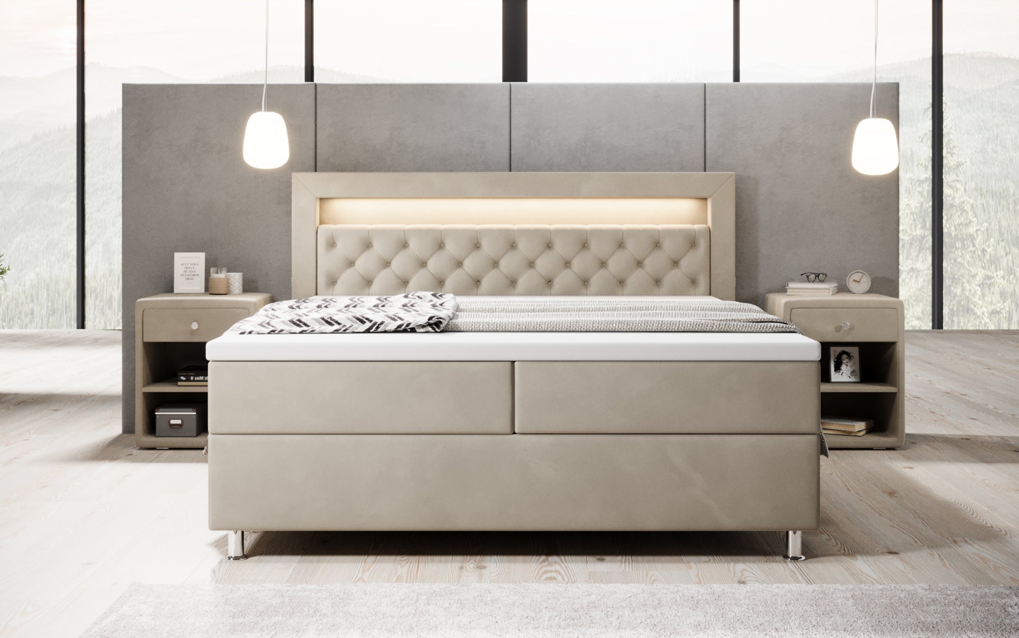 Luxuriöses Samt-Boxspringbett Troja mit Stauraum, RGB-LED, USB-Anschluss, USBC, Fernbedienung