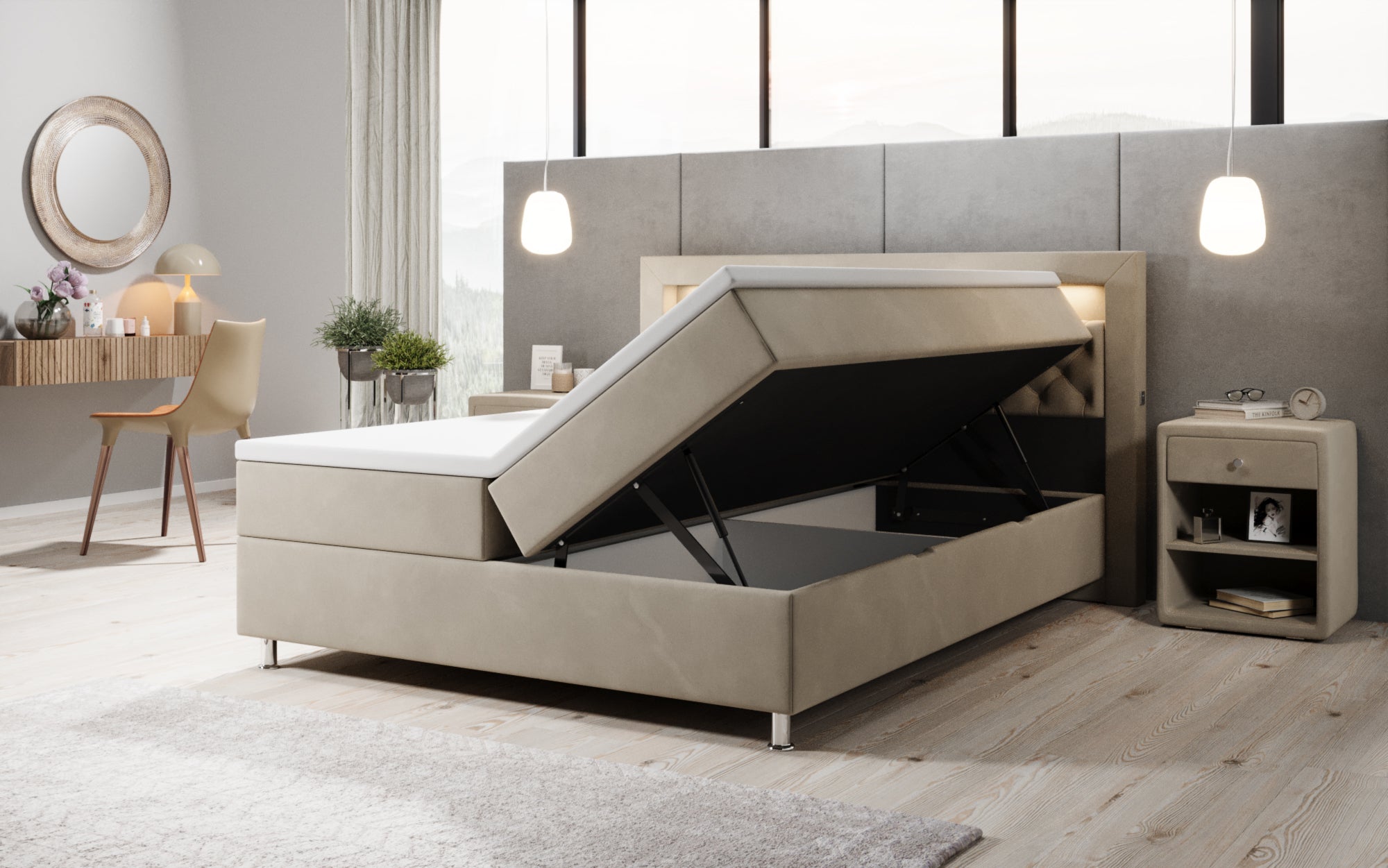 Luxuriöses Samt-Boxspringbett Troja mit Stauraum, RGB-LED, USB-Anschluss, USBC, Fernbedienung