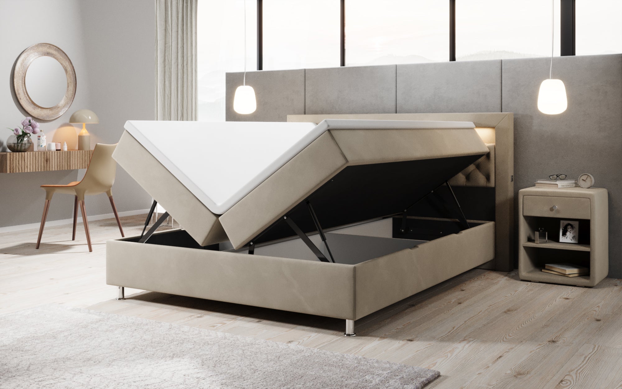 Luxuriöses Samt-Boxspringbett Troja mit Stauraum, RGB-LED, USB-Anschluss, USBC, Fernbedienung
