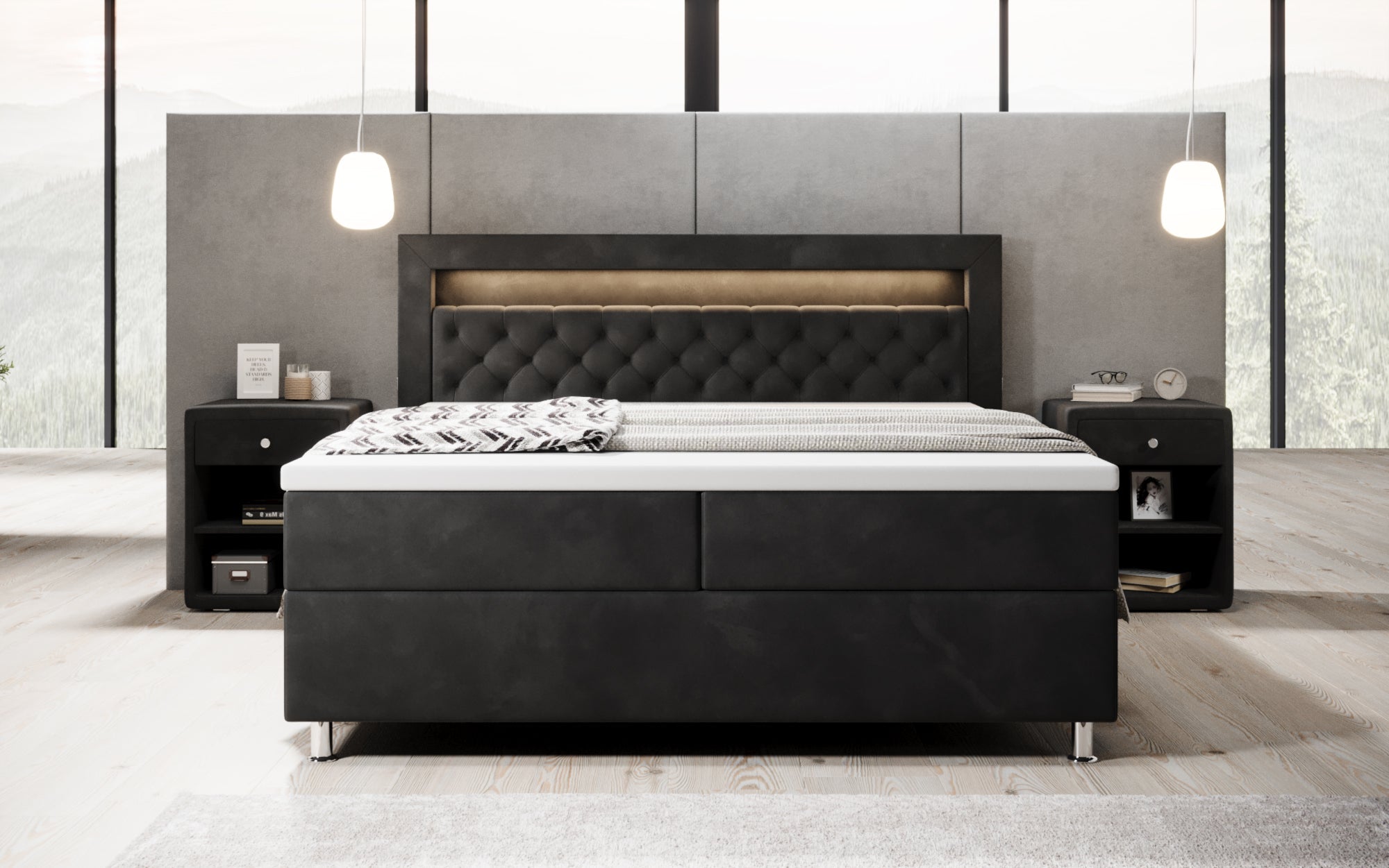 Luxuriöses Samt-Boxspringbett Troja mit Stauraum, RGB-LED, USB-Anschluss, USBC, Fernbedienung