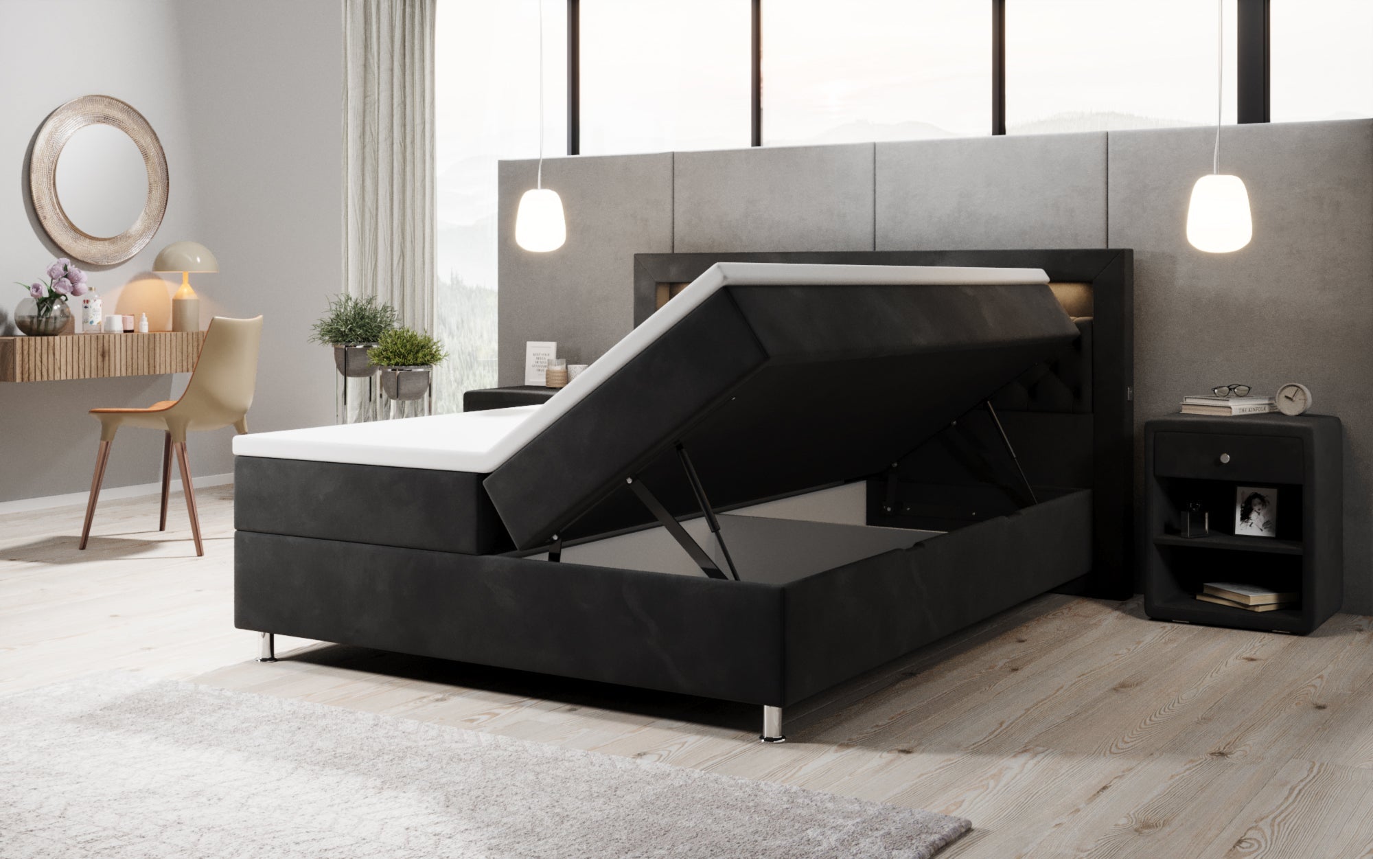 Luxuriöses Samt-Boxspringbett Troja mit Stauraum, RGB-LED, USB-Anschluss, USBC, Fernbedienung