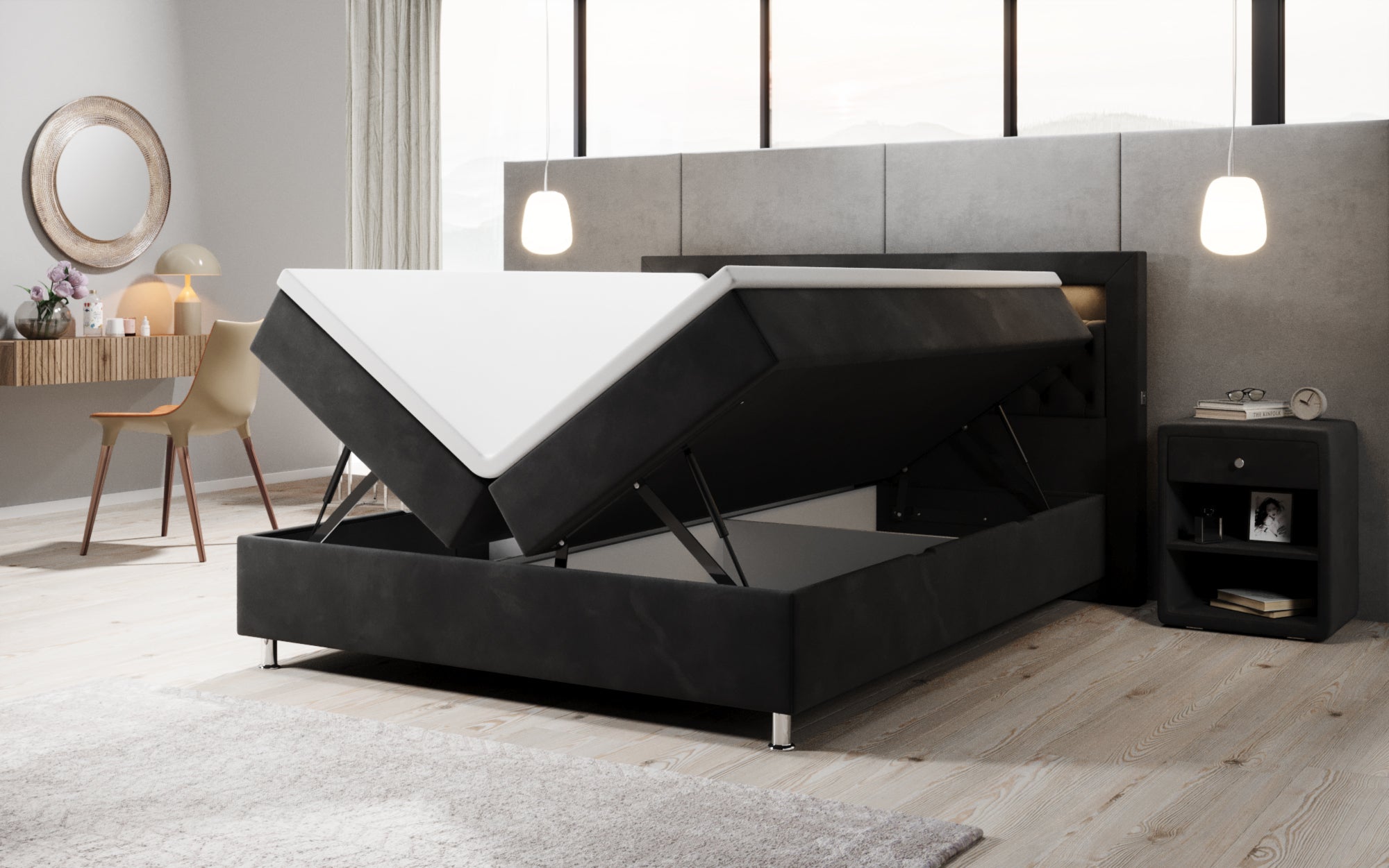 Luxuriöses Samt-Boxspringbett Troja mit Stauraum, RGB-LED, USB-Anschluss, USBC, Fernbedienung