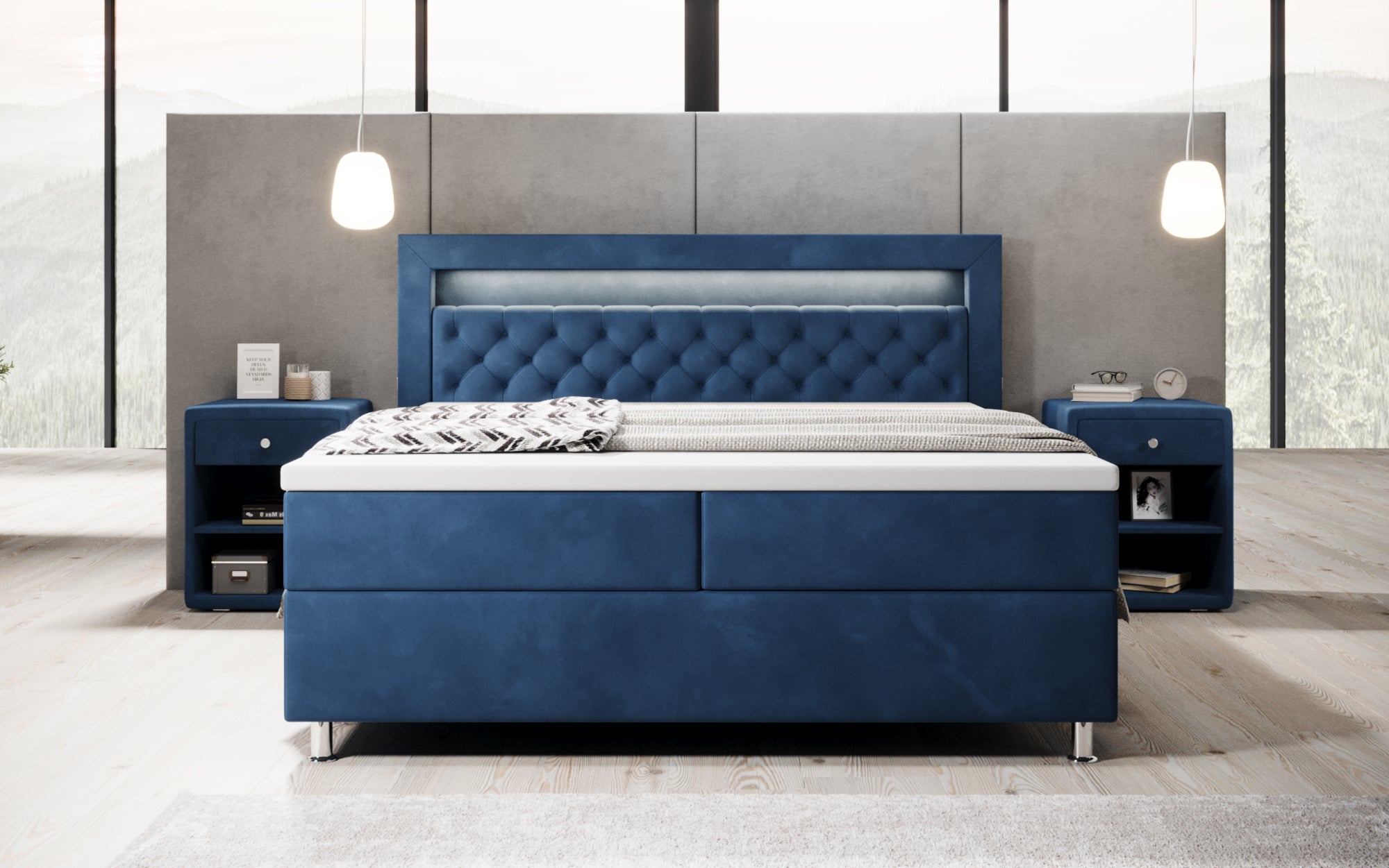 Luxuriöses Samt-Boxspringbett Troja mit Stauraum, RGB-LED, USB-Anschluss, USBC, Fernbedienung