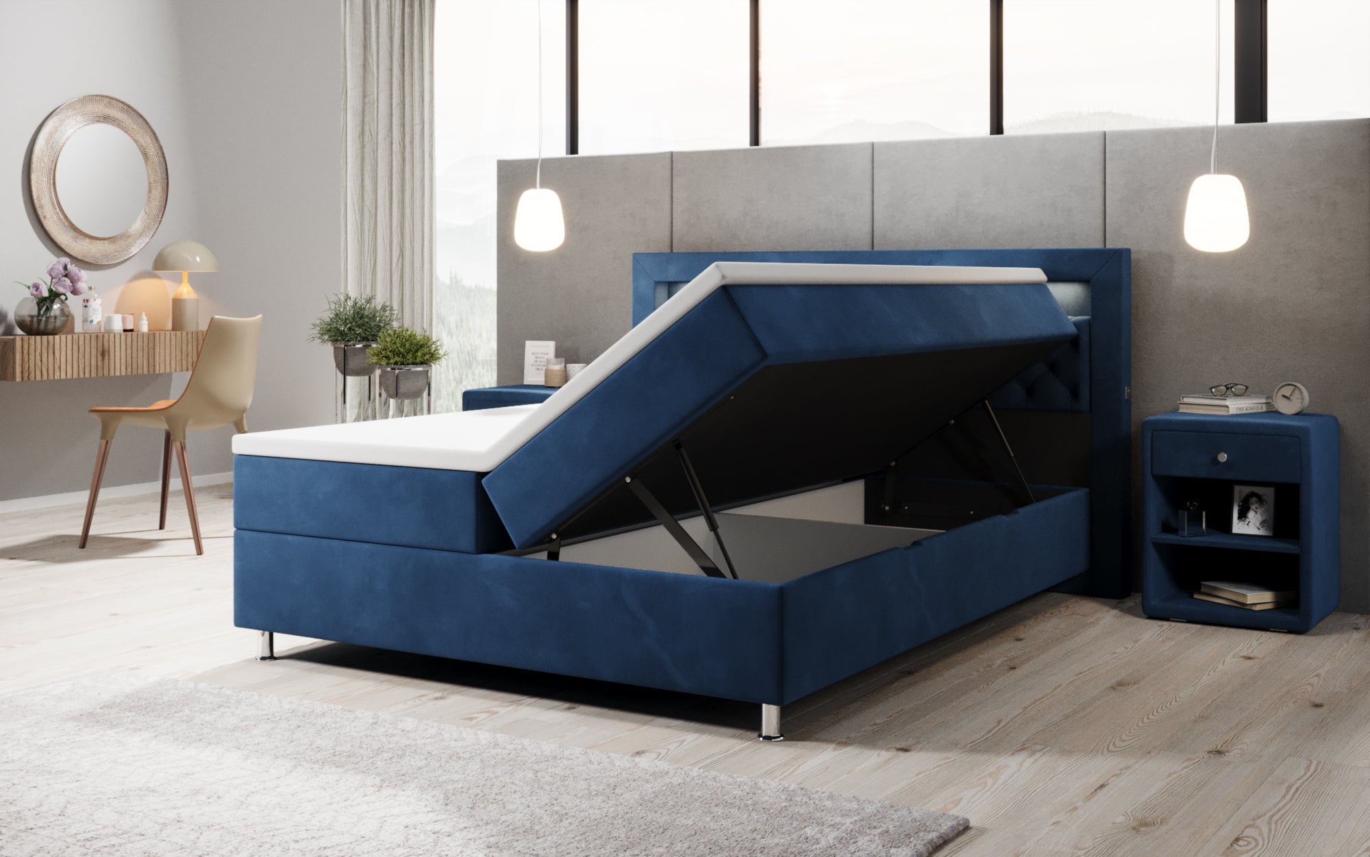 Luxuriöses Samt-Boxspringbett Troja mit Stauraum, RGB-LED, USB-Anschluss, USBC, Fernbedienung