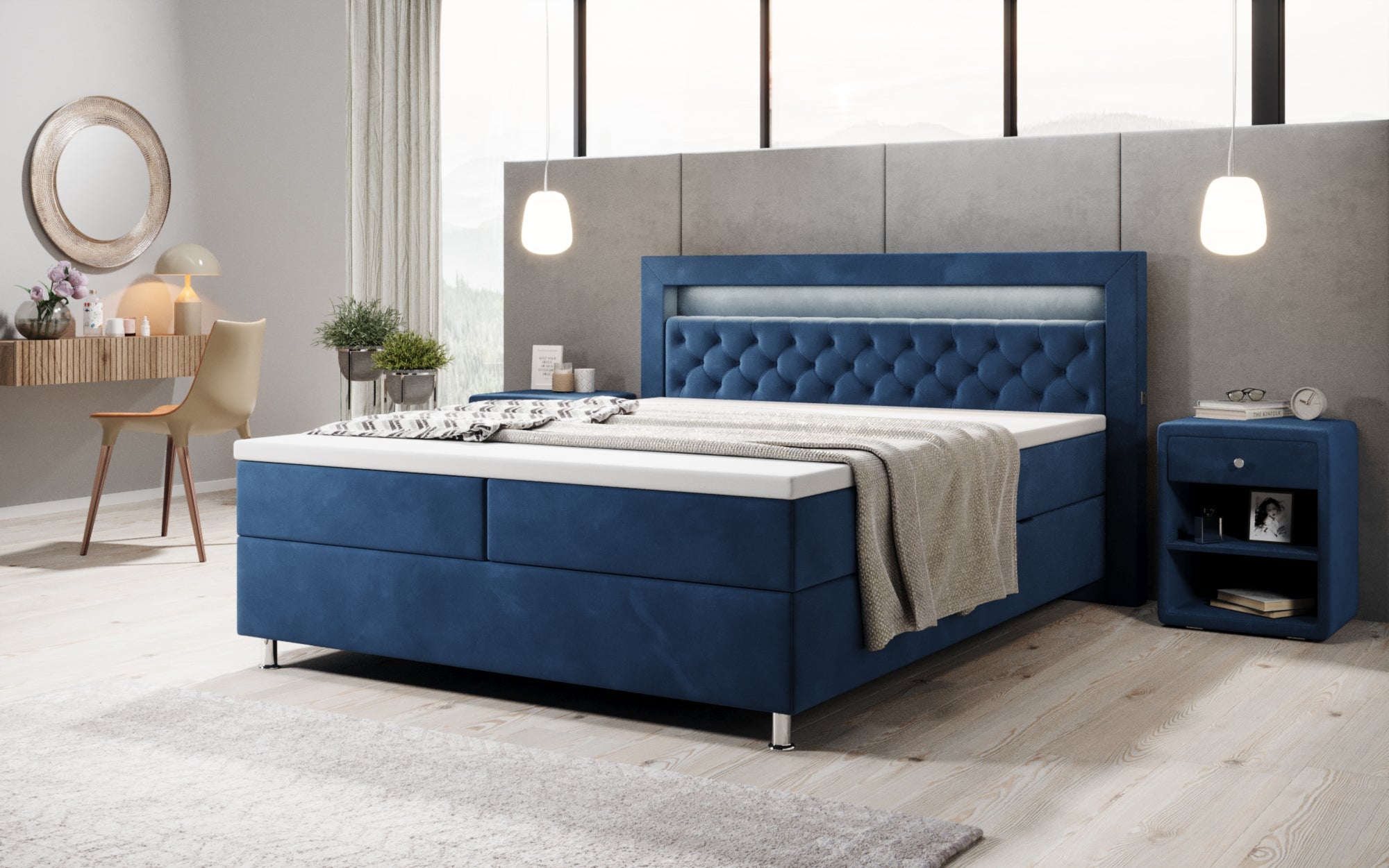 Luxuriöses Samt-Boxspringbett Troja mit Stauraum, RGB-LED, USB-Anschluss, USBC, Fernbedienung