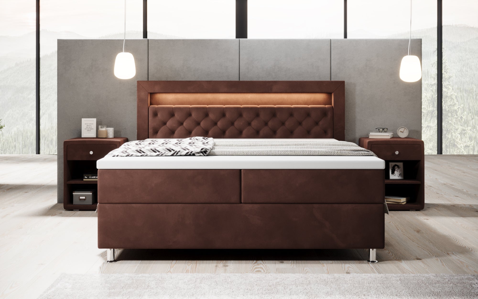 Luxuriöses Samt-Boxspringbett Troja mit Stauraum, RGB-LED, USB-Anschluss, USBC, Fernbedienung