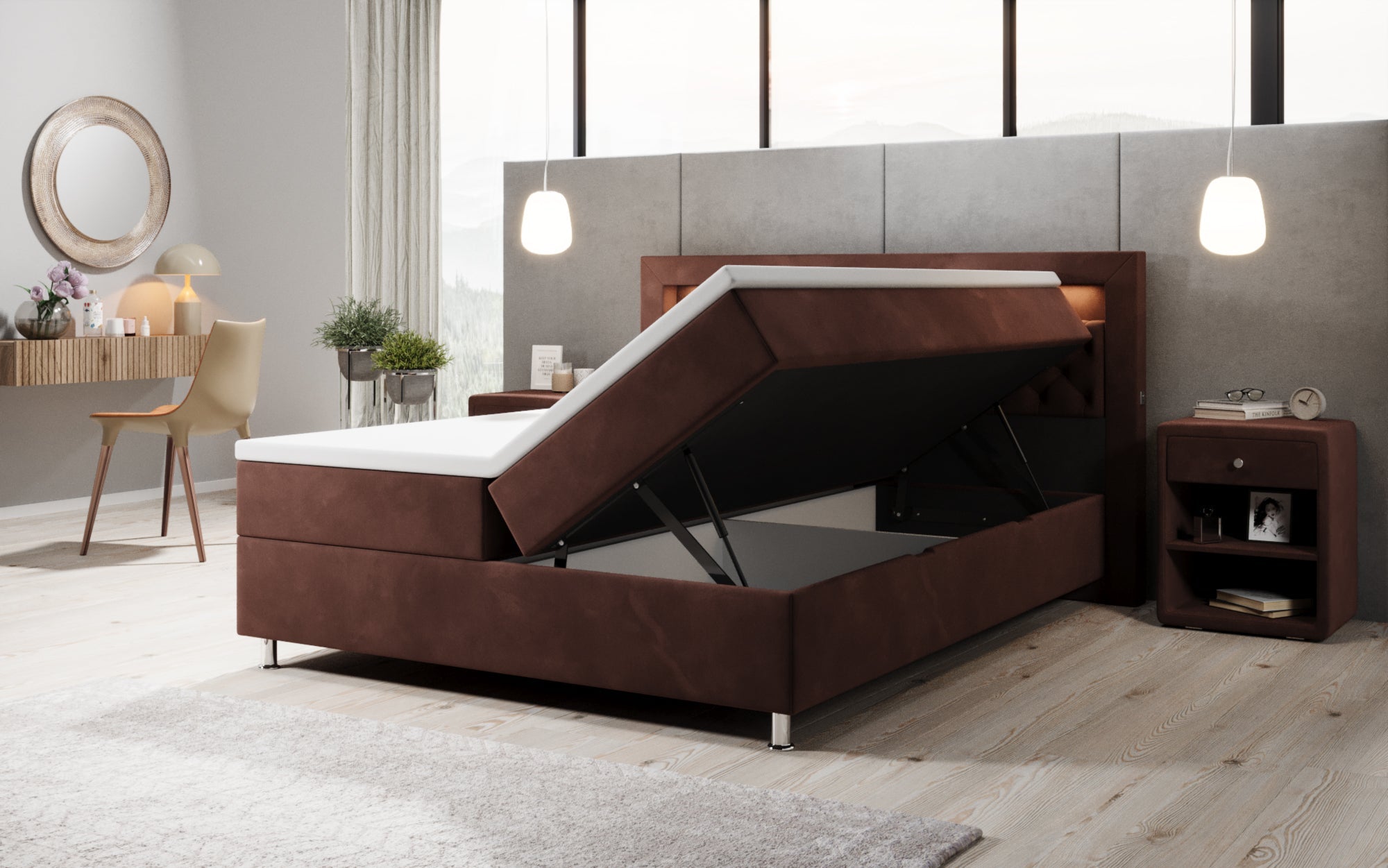 Luxuriöses Samt-Boxspringbett Troja mit Stauraum, RGB-LED, USB-Anschluss, USBC, Fernbedienung