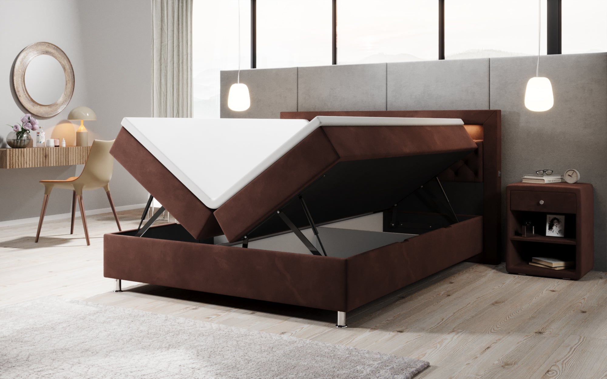 Luxuriöses Samt-Boxspringbett Troja mit Stauraum, RGB-LED, USB-Anschluss, USBC, Fernbedienung
