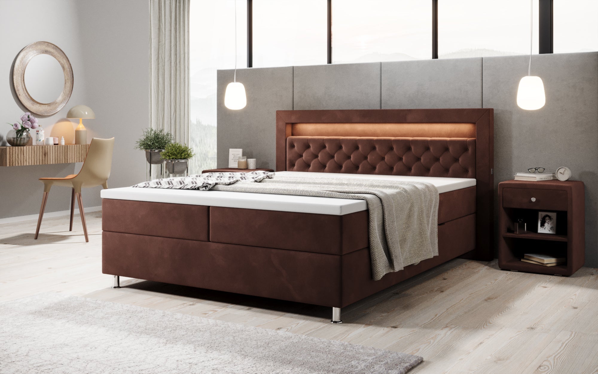 Luxuriöses Samt-Boxspringbett Troja mit Stauraum, RGB-LED, USB-Anschluss, USBC, Fernbedienung