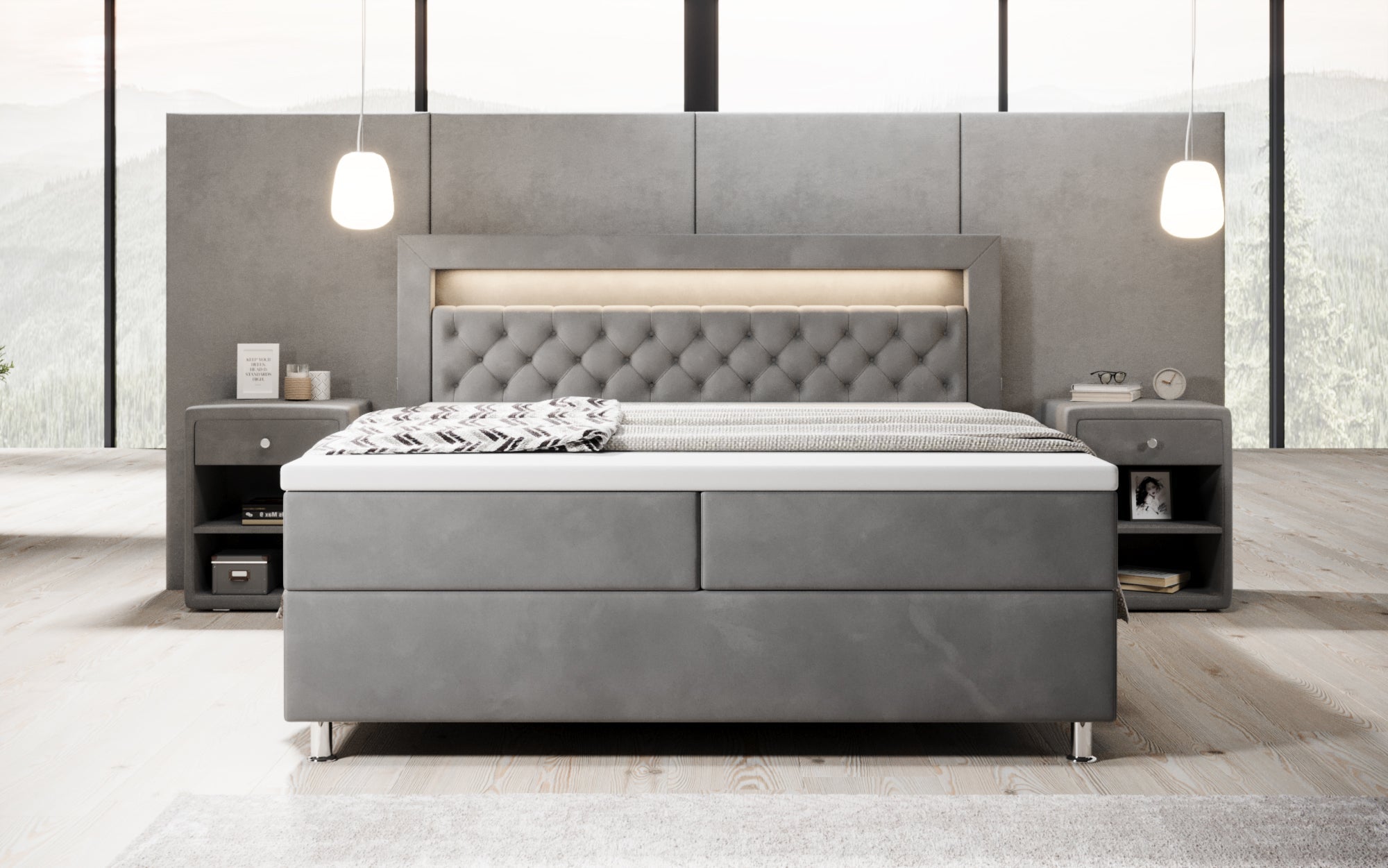 Luxuriöses Samt-Boxspringbett Troja mit Stauraum, RGB-LED, USB-Anschluss, USBC, Fernbedienung