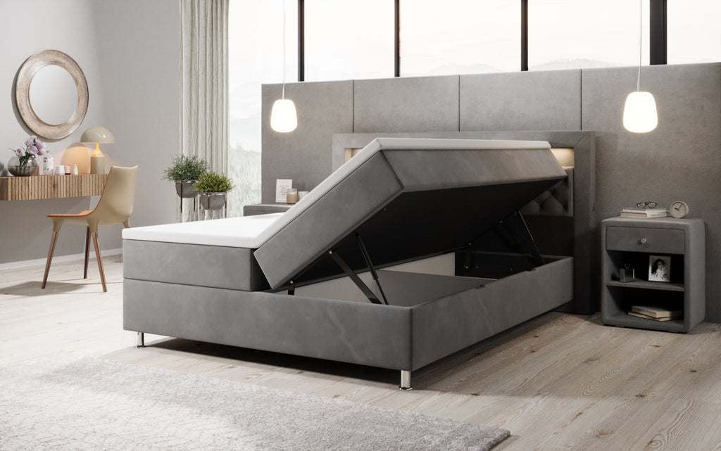 Luxuriöses Samt-Boxspringbett Troja mit Stauraum, RGB-LED, USB-Anschluss, USBC, Fernbedienung