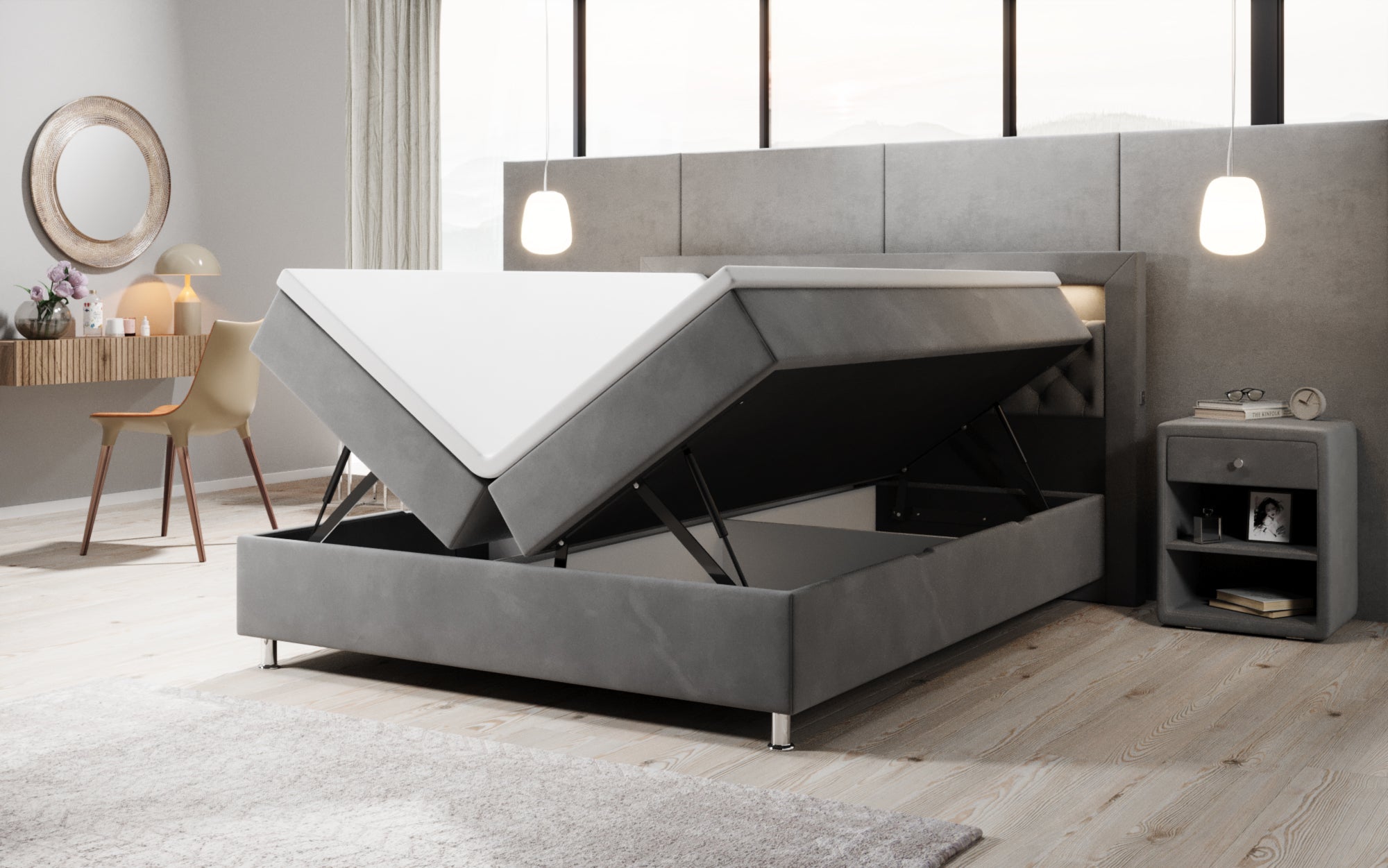 Luxuriöses Samt-Boxspringbett Troja mit Stauraum, RGB-LED, USB-Anschluss, USBC, Fernbedienung
