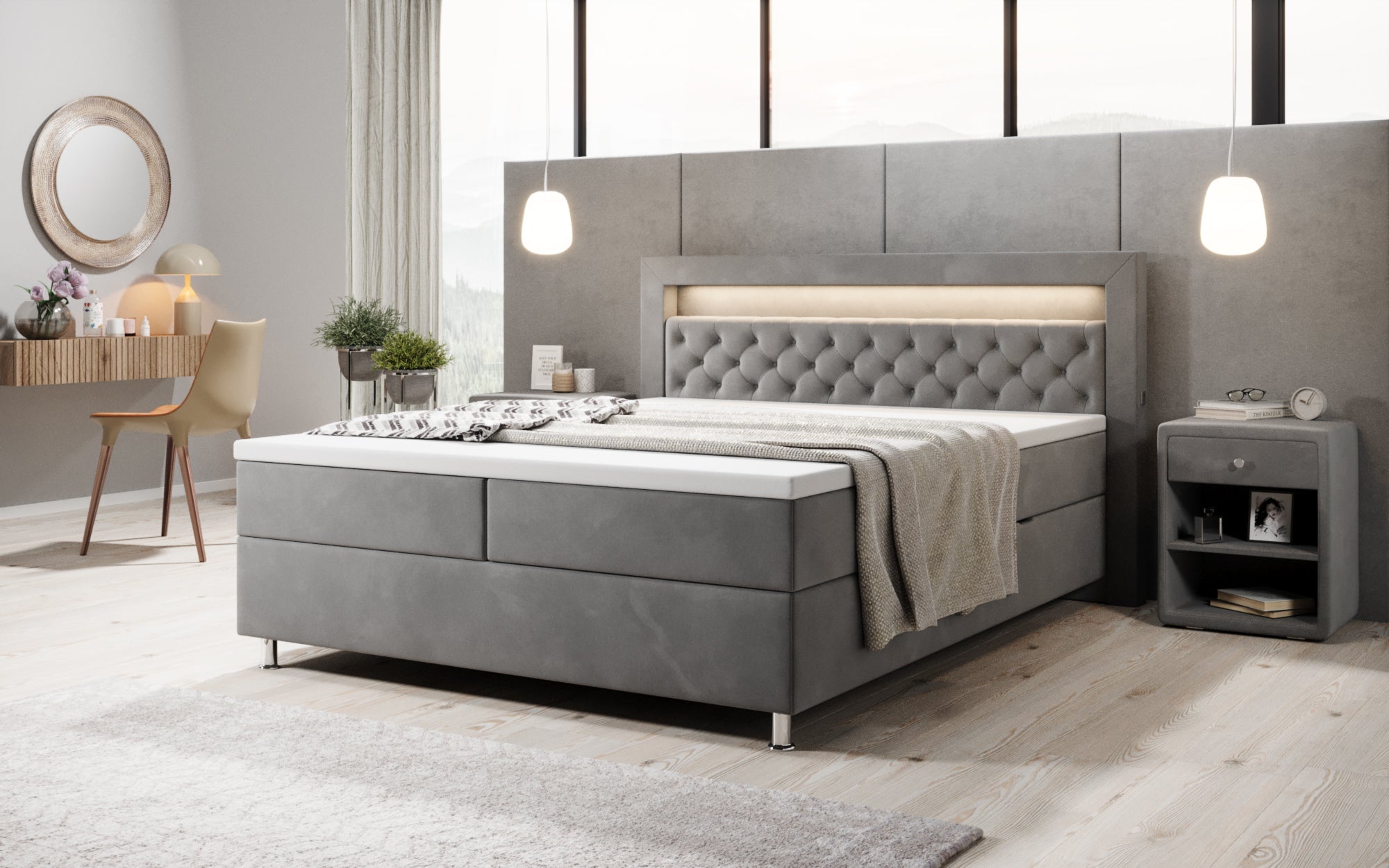 Luxuriöses Samt-Boxspringbett Troja mit Stauraum, RGB-LED, USB-Anschluss, USBC, Fernbedienung