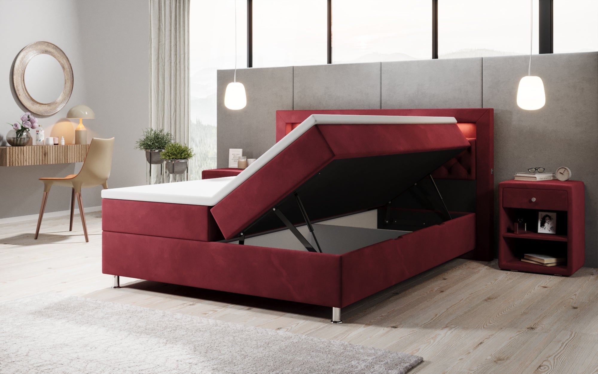 Luxuriöses Samt-Boxspringbett Troja mit Stauraum, RGB-LED, USB-Anschluss, USBC, Fernbedienung