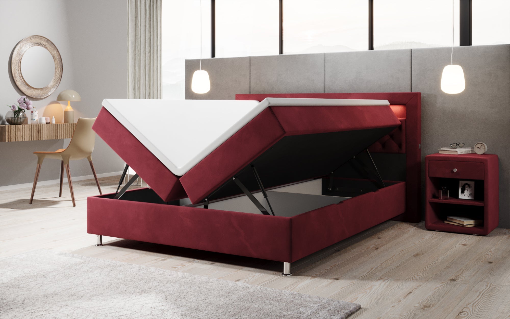 Luxuriöses Samt-Boxspringbett Troja mit Stauraum, RGB-LED, USB-Anschluss, USBC, Fernbedienung