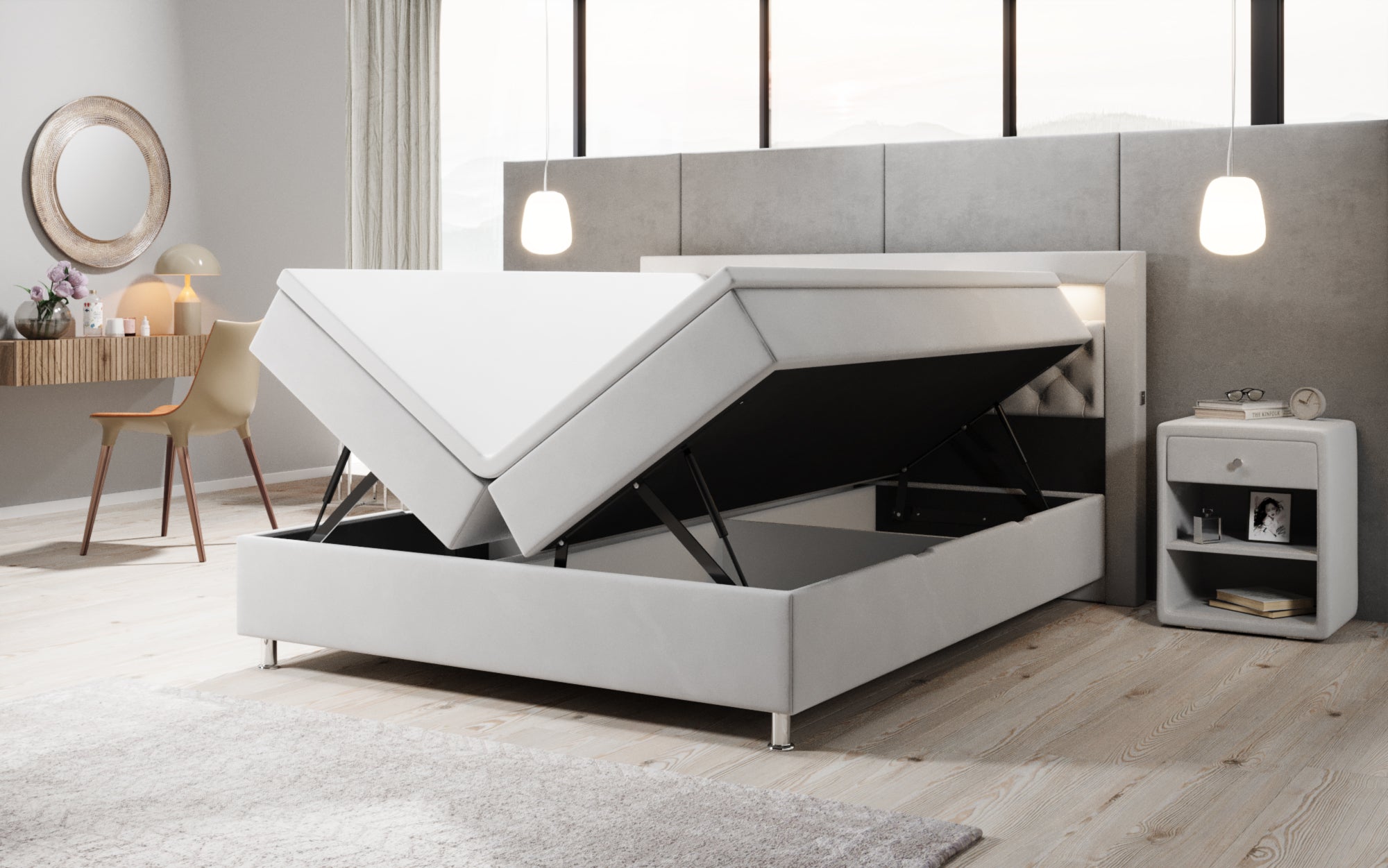 Luxuriöses Samt-Boxspringbett Troja mit Stauraum, RGB-LED, USB-Anschluss, USBC, Fernbedienung