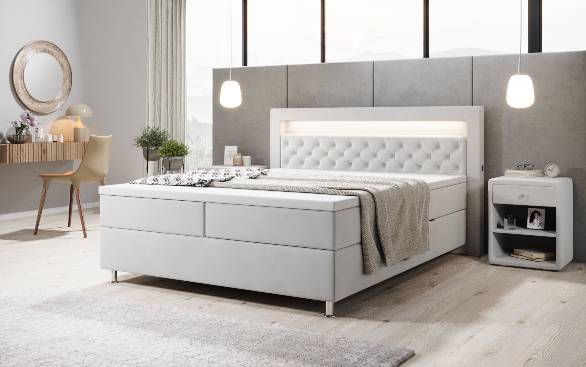 Luxuriöses Samt-Boxspringbett Troja mit Stauraum, RGB-LED, USB-Anschluss, USBC, Fernbedienung