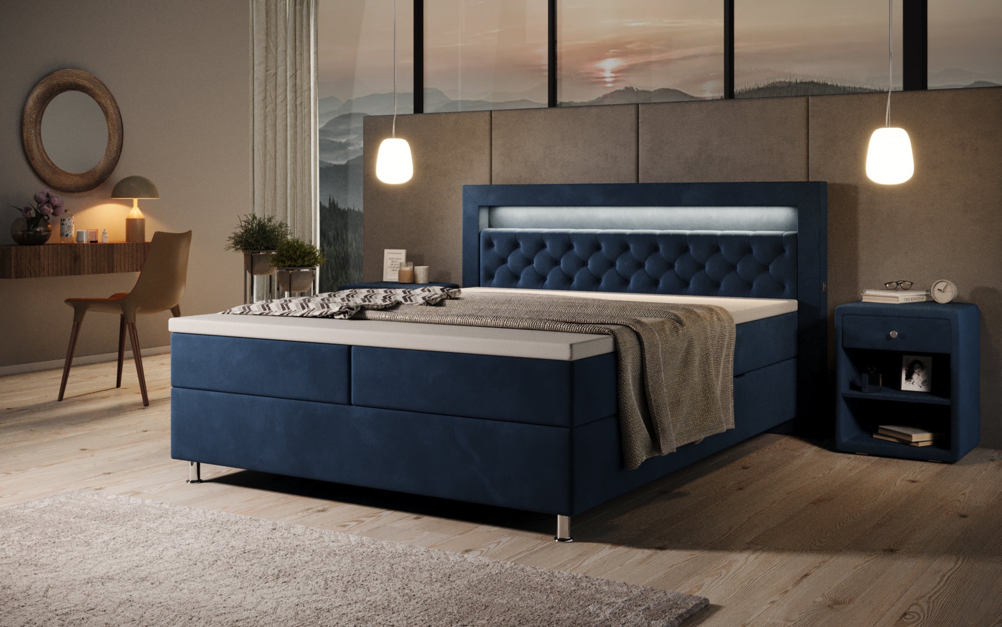 Luxuriöses Samt-Boxspringbett Troja mit Stauraum, RGB-LED, USB-Anschluss, USBC, Fernbedienung