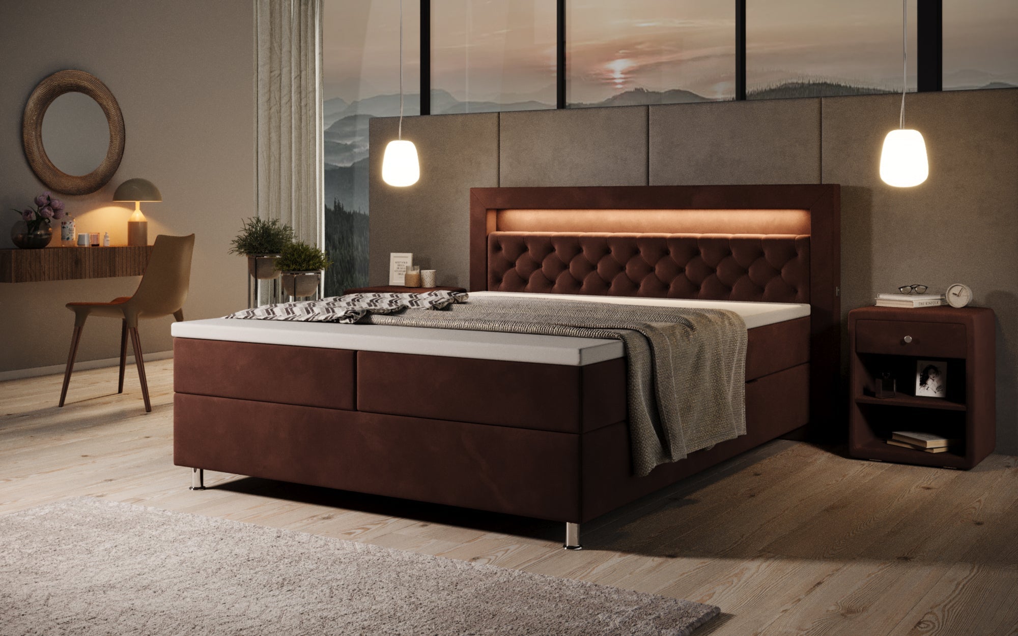 Luxuriöses Samt-Boxspringbett Troja mit Stauraum, RGB-LED, USB-Anschluss, USBC, Fernbedienung