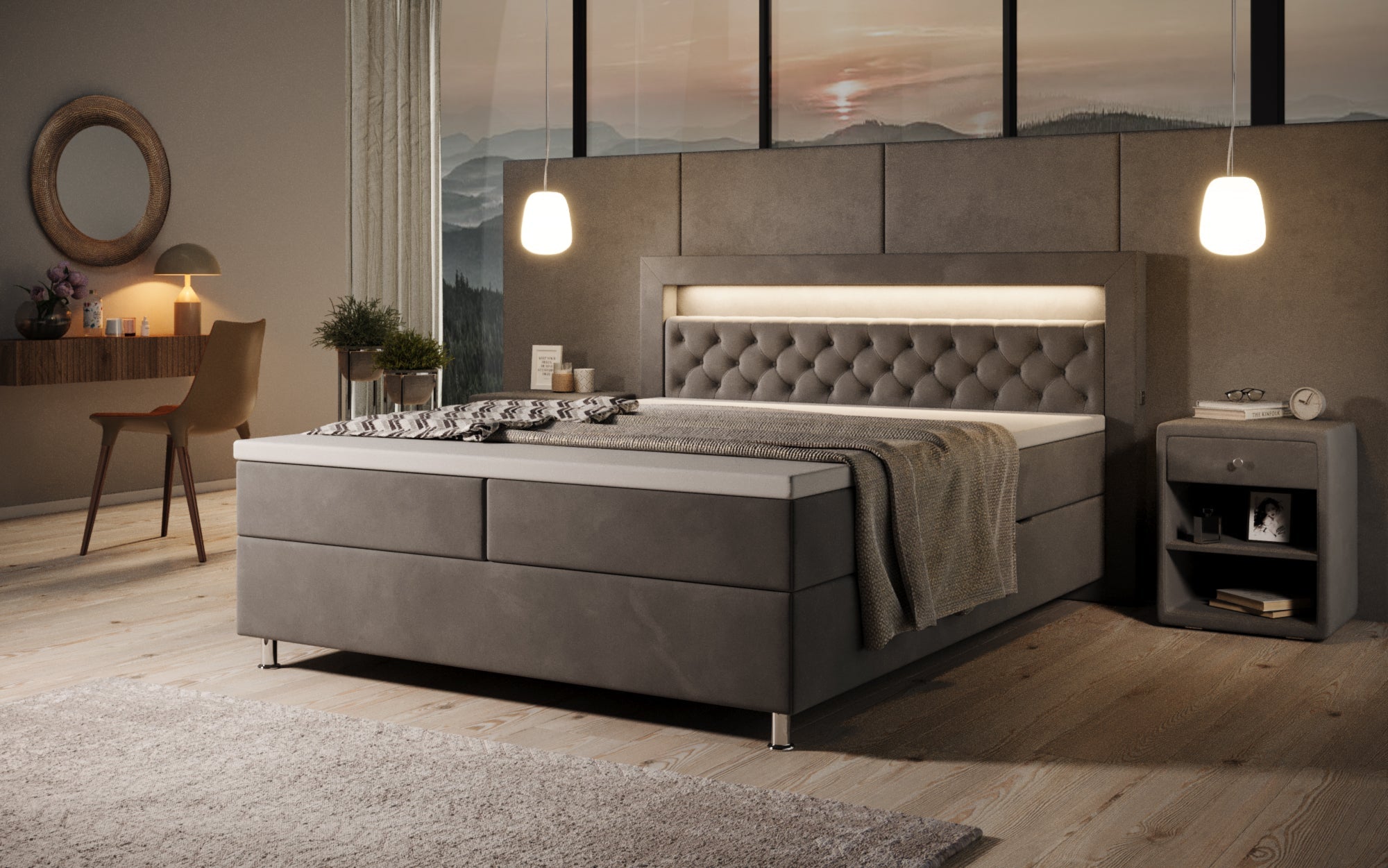 Luxuriöses Samt-Boxspringbett Troja mit Stauraum, RGB-LED, USB-Anschluss, USBC, Fernbedienung