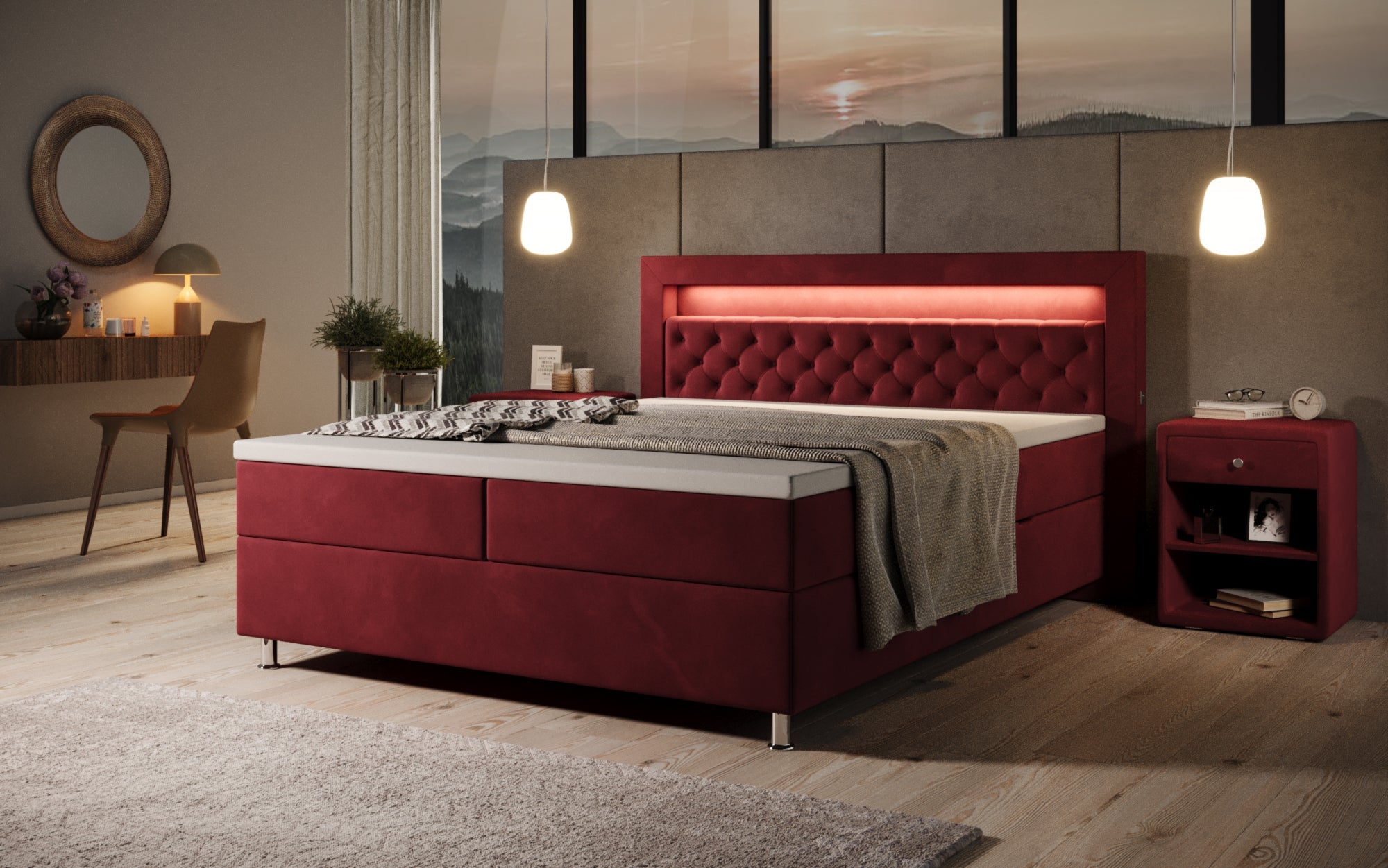 Luxuriöses Samt-Boxspringbett Troja mit Stauraum, RGB-LED, USB-Anschluss, USBC, Fernbedienung