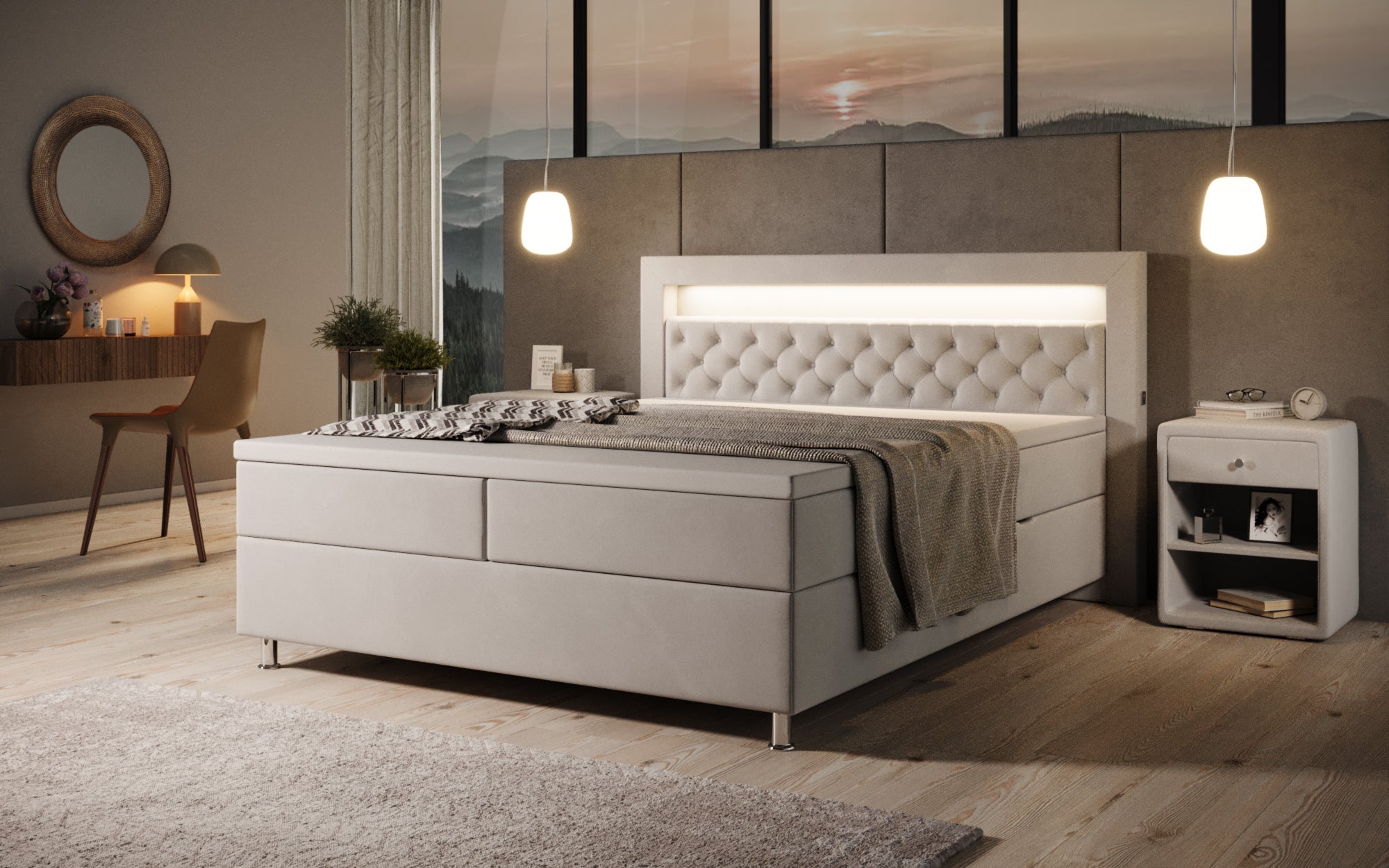 Luxuriöses Samt-Boxspringbett Troja mit Stauraum, RGB-LED, USB-Anschluss, USBC, Fernbedienung