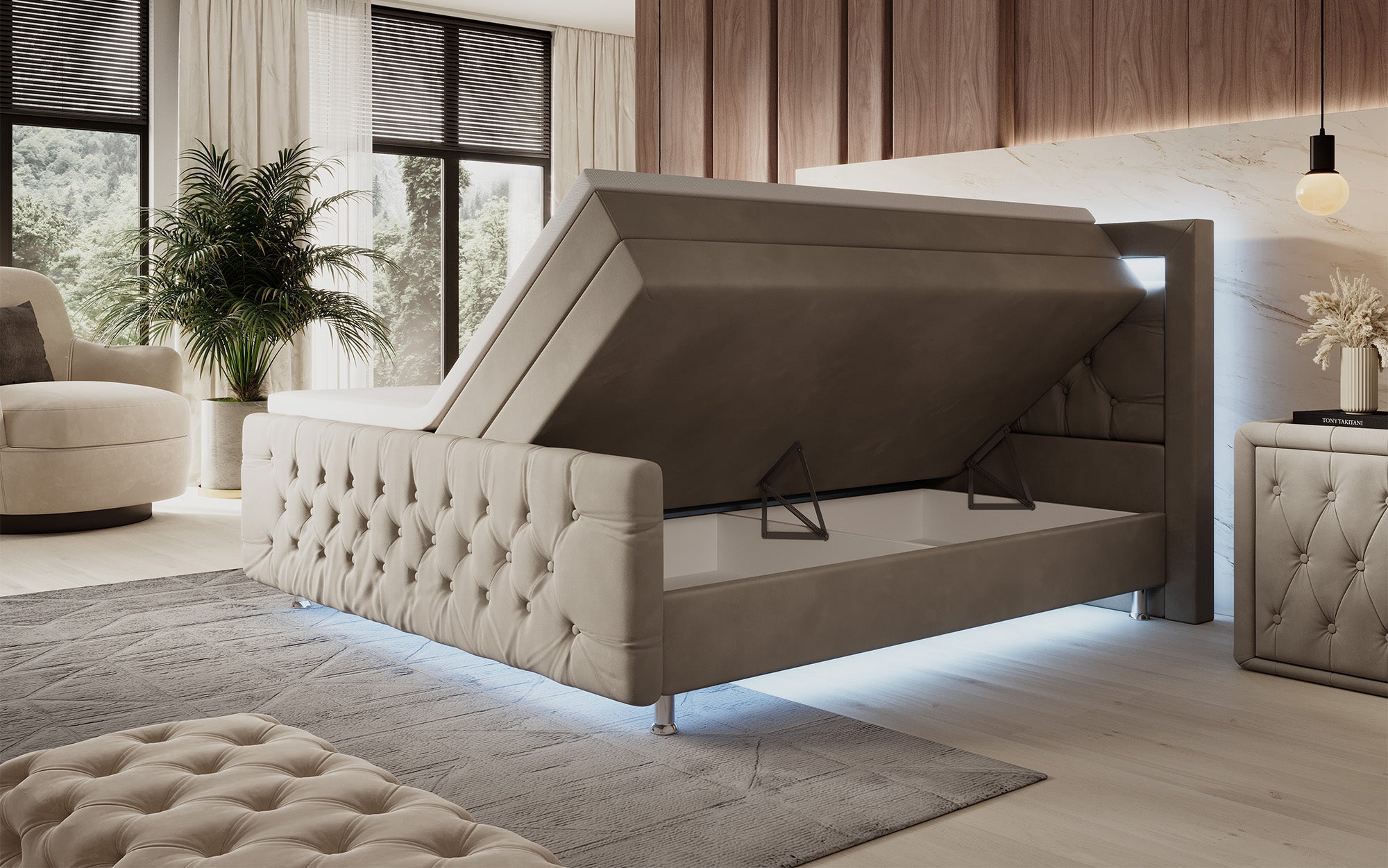 Luxuriöses Boxspringbett Lorena: LED Beleuchtung, Stauraum, Samtbezug für erholsamen Schlaf