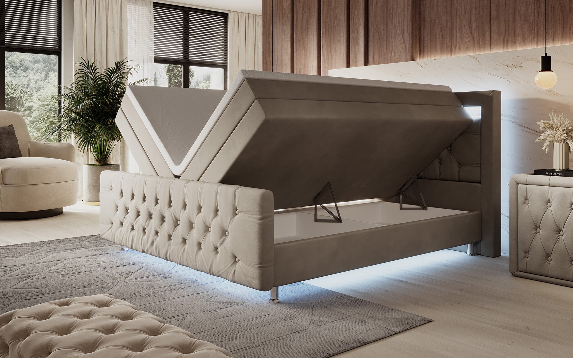 Luxuriöses Boxspringbett Lorena: LED Beleuchtung, Stauraum, Samtbezug für erholsamen Schlaf