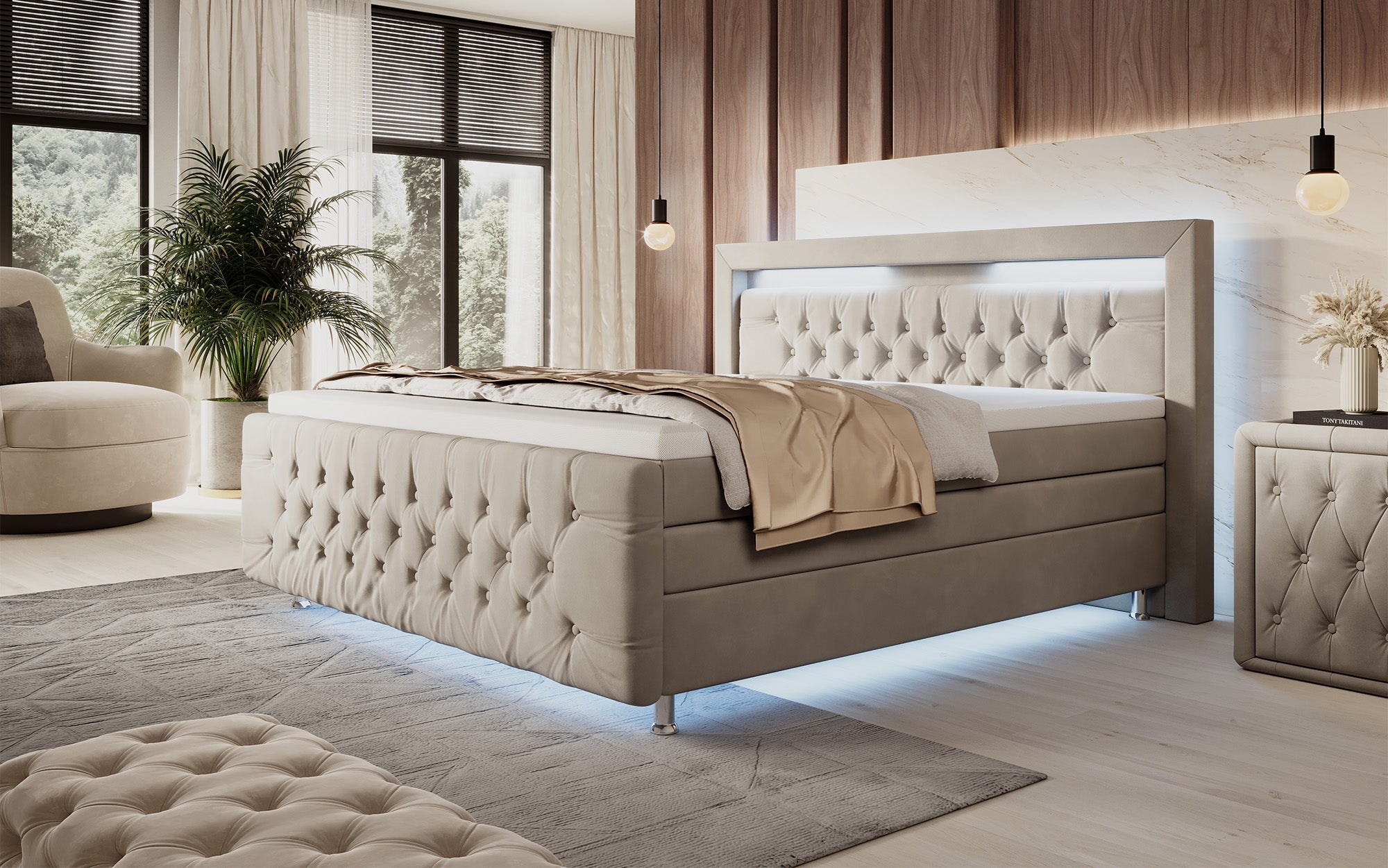 Luxuriöses Boxspringbett Lorena: LED Beleuchtung, Stauraum, Samtbezug für erholsamen Schlaf