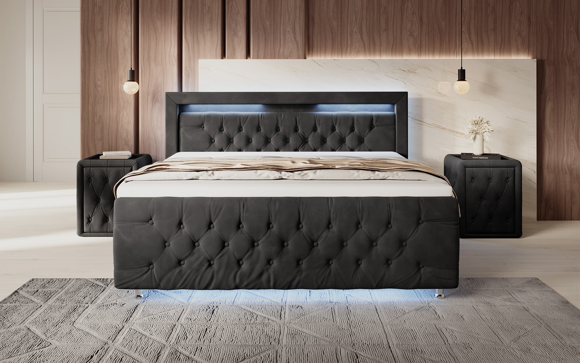 Luxuriöses Boxspringbett Lorena: LED Beleuchtung, Stauraum, Samtbezug für erholsamen Schlaf