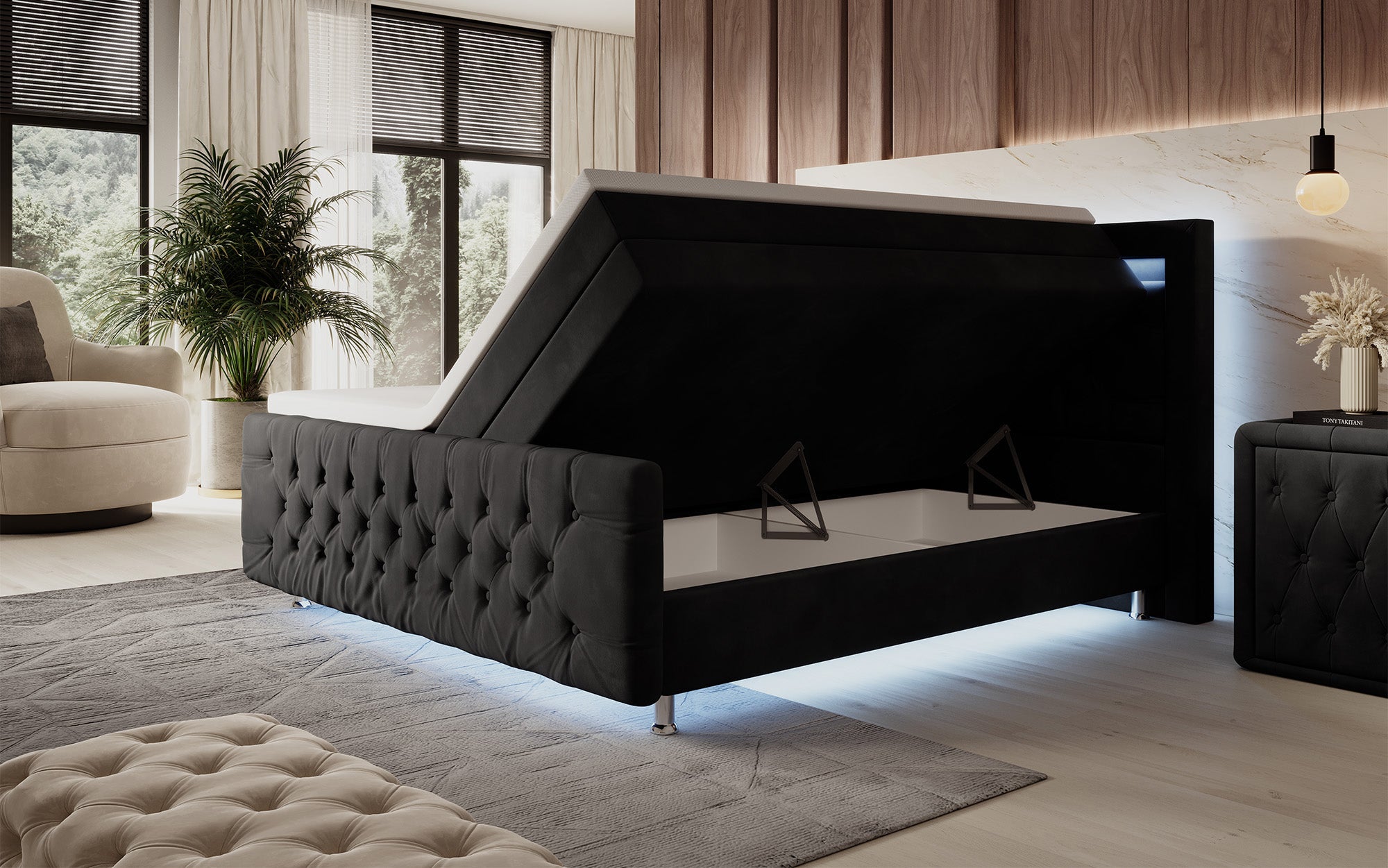 Luxuriöses Boxspringbett Lorena: LED Beleuchtung, Stauraum, Samtbezug für erholsamen Schlaf