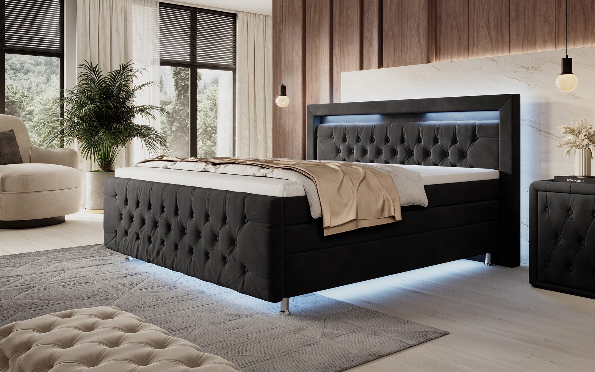 Luxuriöses Boxspringbett Lorena: LED Beleuchtung, Stauraum, Samtbezug für erholsamen Schlaf