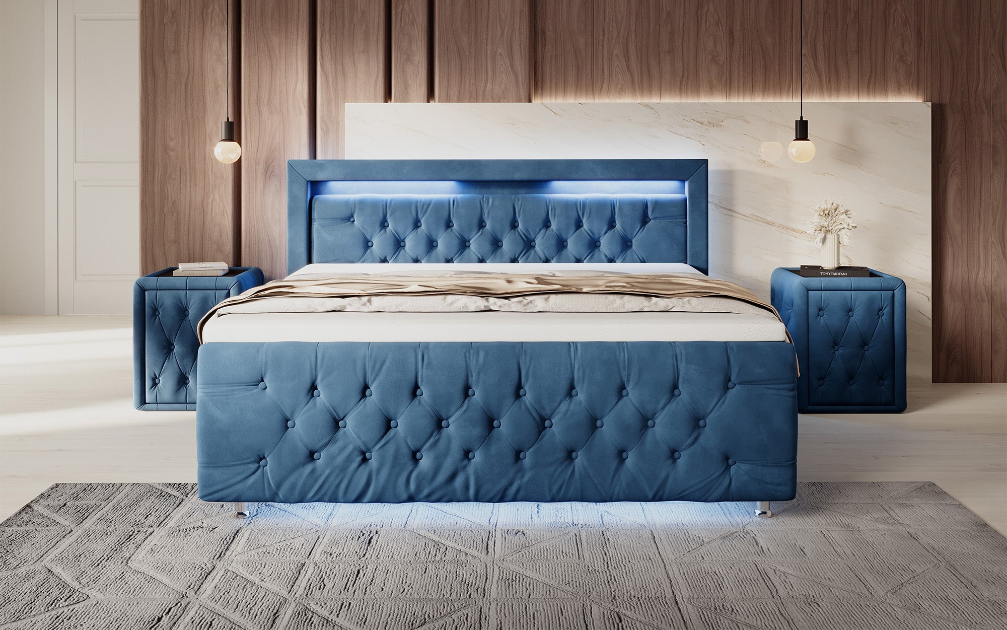 Luxuriöses Boxspringbett Lorena: LED Beleuchtung, Stauraum, Samtbezug für erholsamen Schlaf