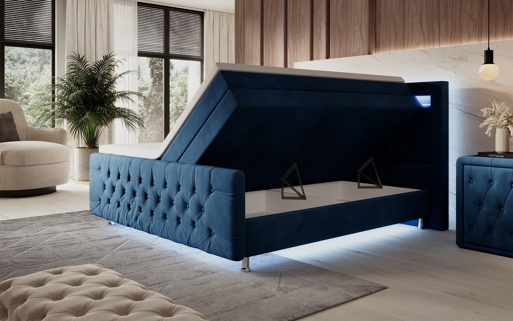 Luxuriöses Boxspringbett Lorena: LED Beleuchtung, Stauraum, Samtbezug für erholsamen Schlaf