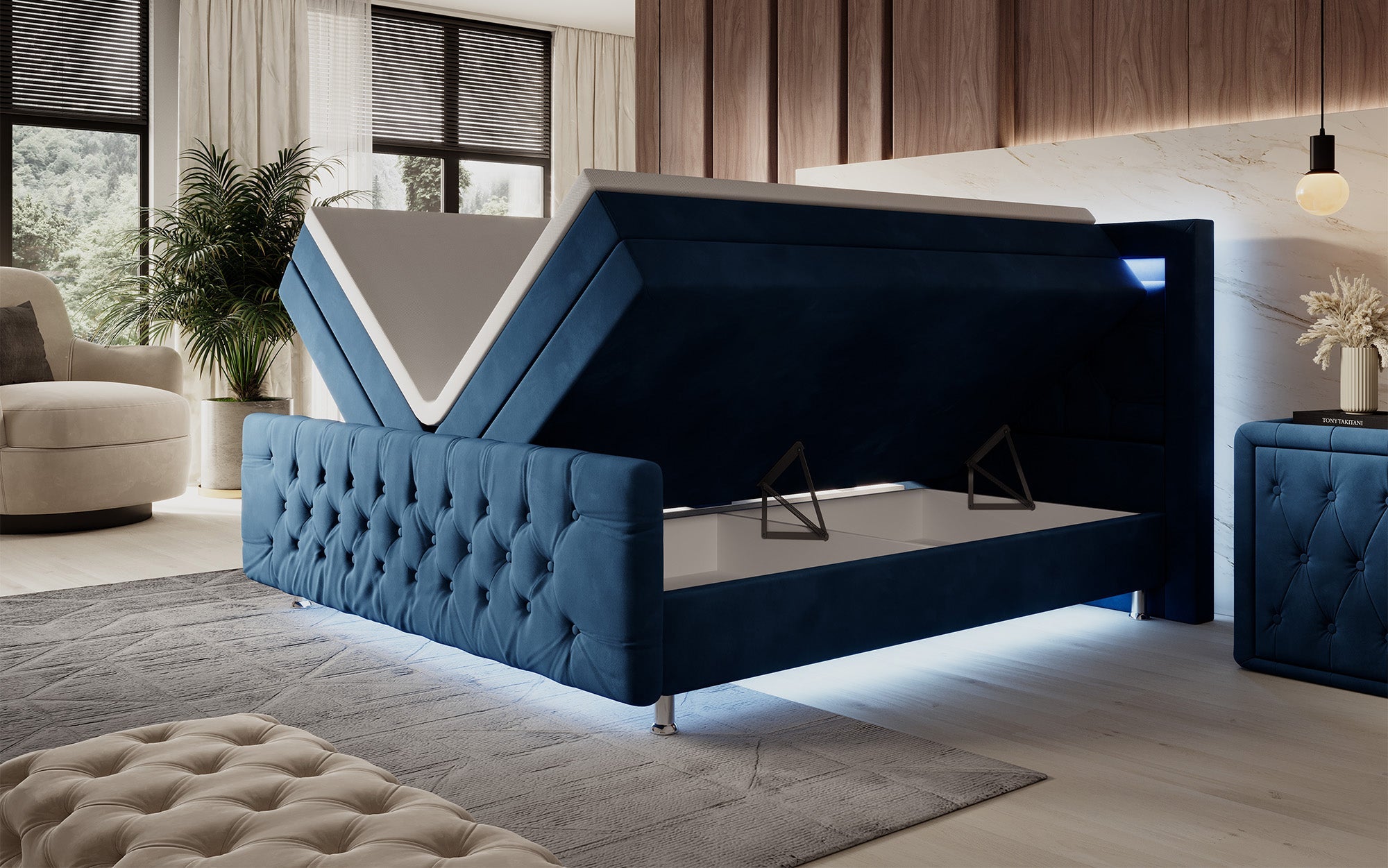 Luxuriöses Boxspringbett Lorena: LED Beleuchtung, Stauraum, Samtbezug für erholsamen Schlaf