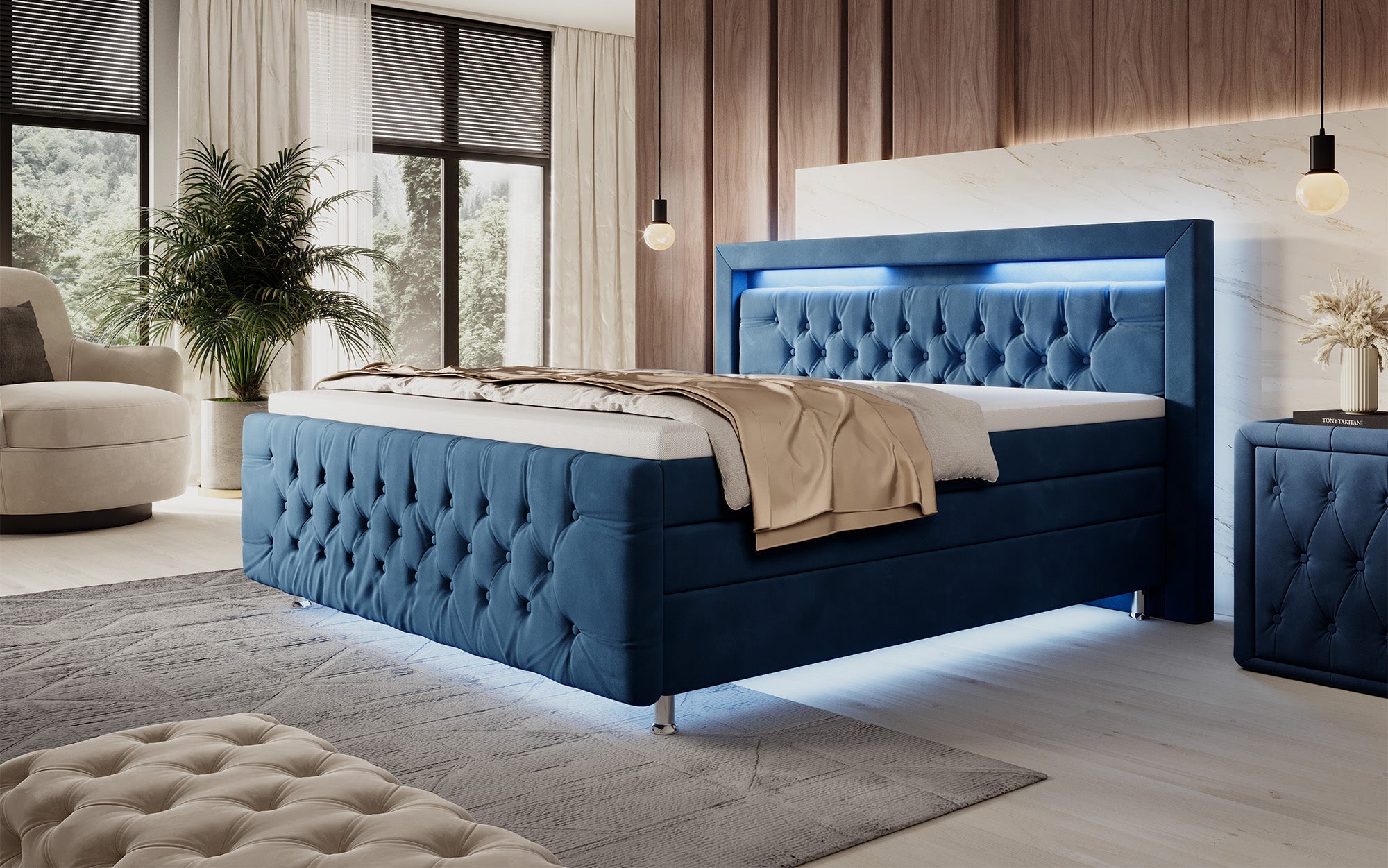 Luxuriöses Boxspringbett Lorena: LED Beleuchtung, Stauraum, Samtbezug für erholsamen Schlaf