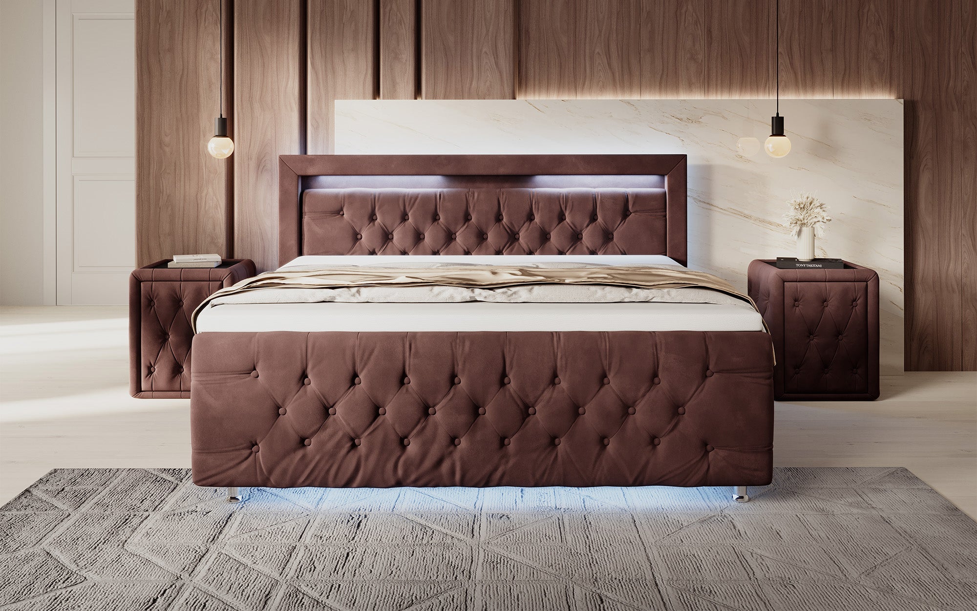 Luxuriöses Boxspringbett Lorena: LED Beleuchtung, Stauraum, Samtbezug für erholsamen Schlaf