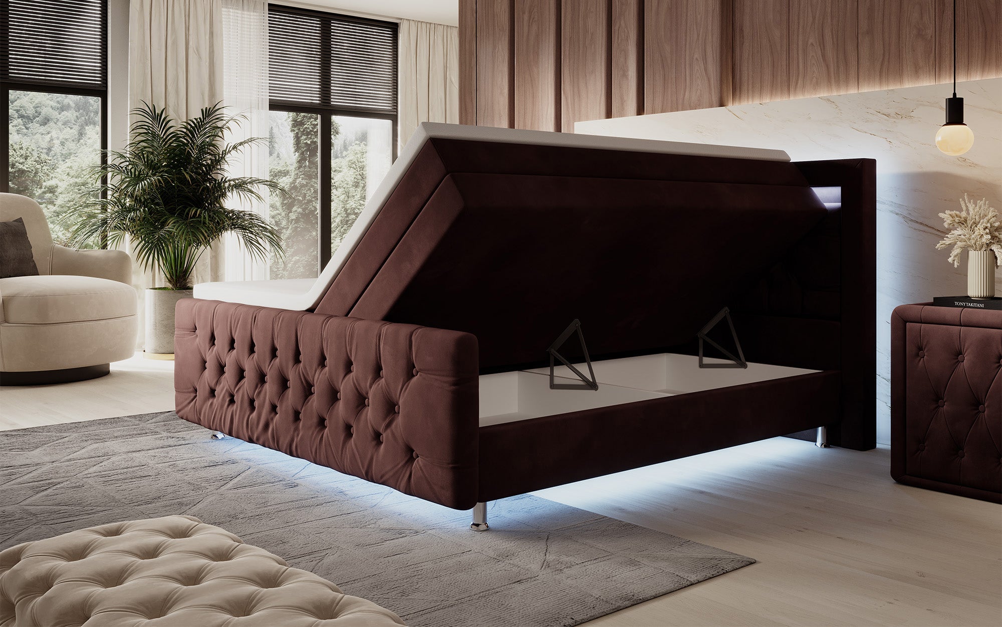 Luxuriöses Boxspringbett Lorena: LED Beleuchtung, Stauraum, Samtbezug für erholsamen Schlaf
