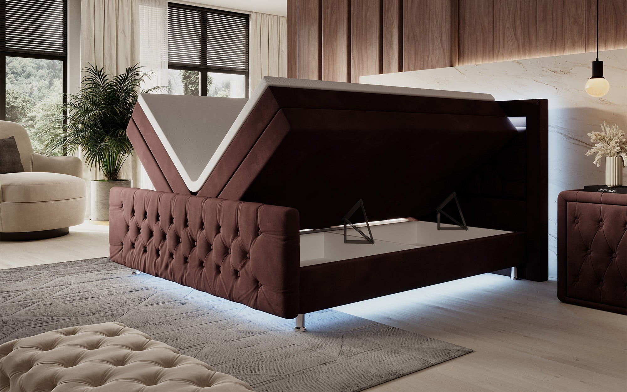 Luxuriöses Boxspringbett Lorena: LED Beleuchtung, Stauraum, Samtbezug für erholsamen Schlaf