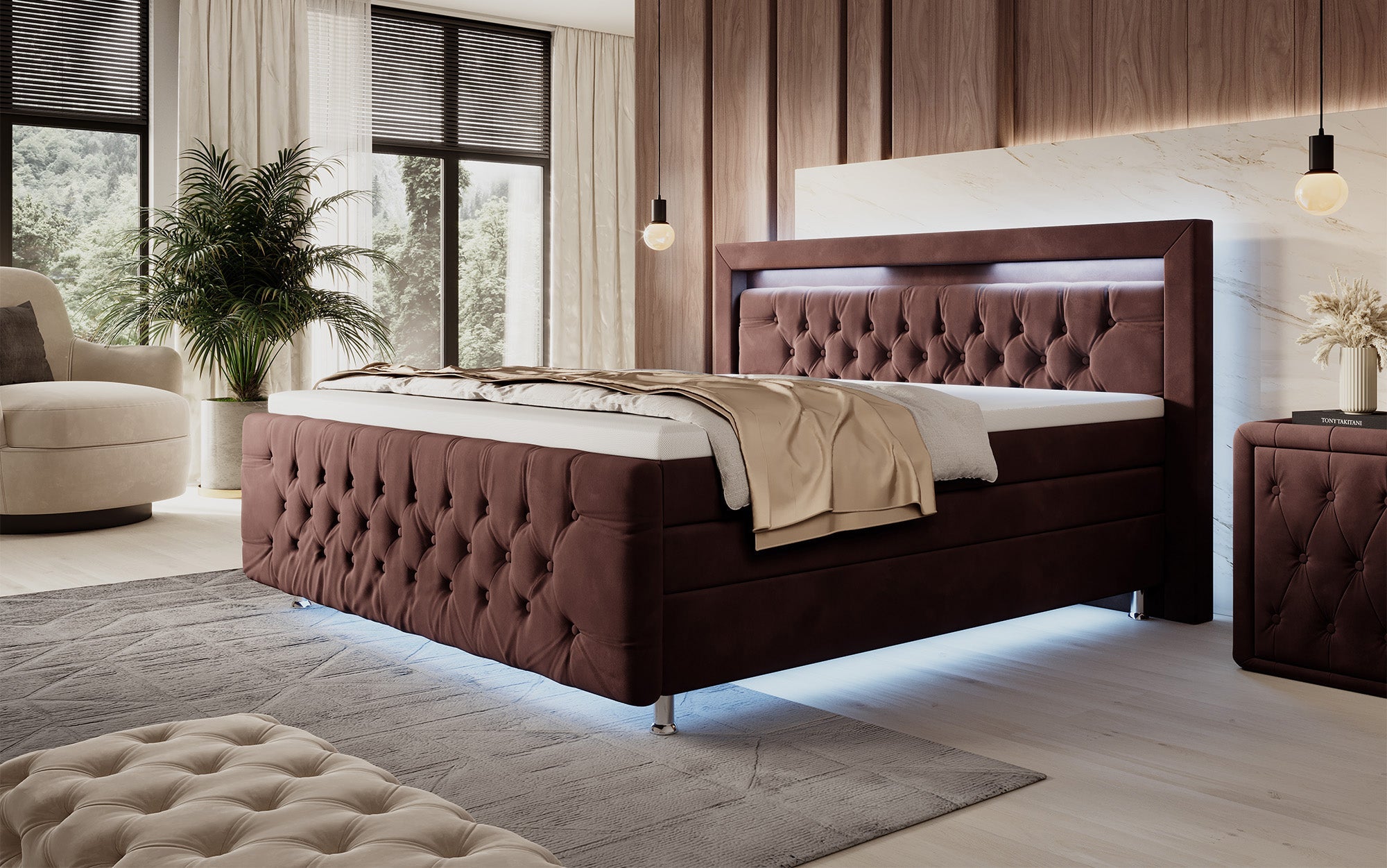 Luxuriöses Boxspringbett Lorena: LED Beleuchtung, Stauraum, Samtbezug für erholsamen Schlaf