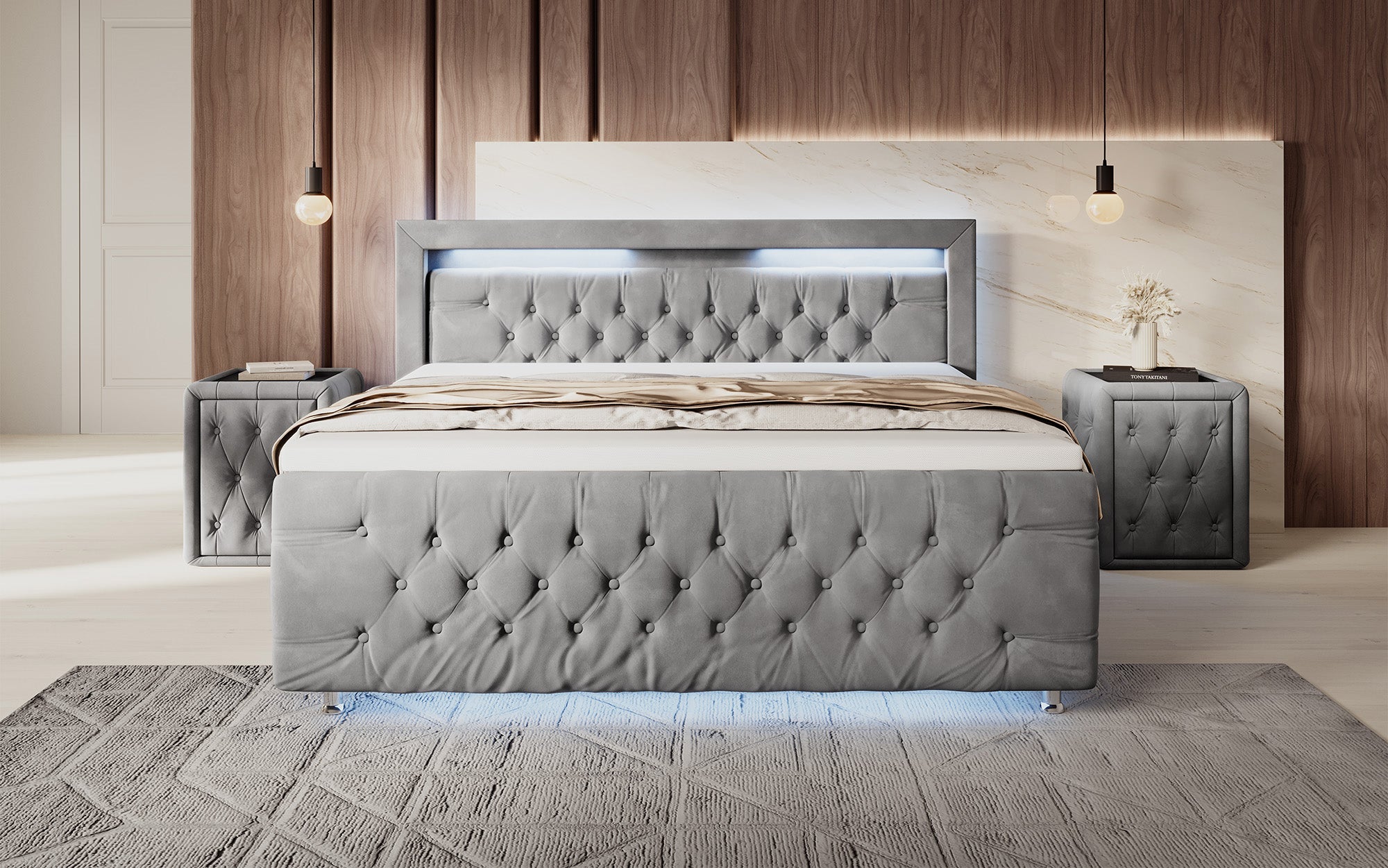 Luxuriöses Boxspringbett Lorena: LED Beleuchtung, Stauraum, Samtbezug für erholsamen Schlaf