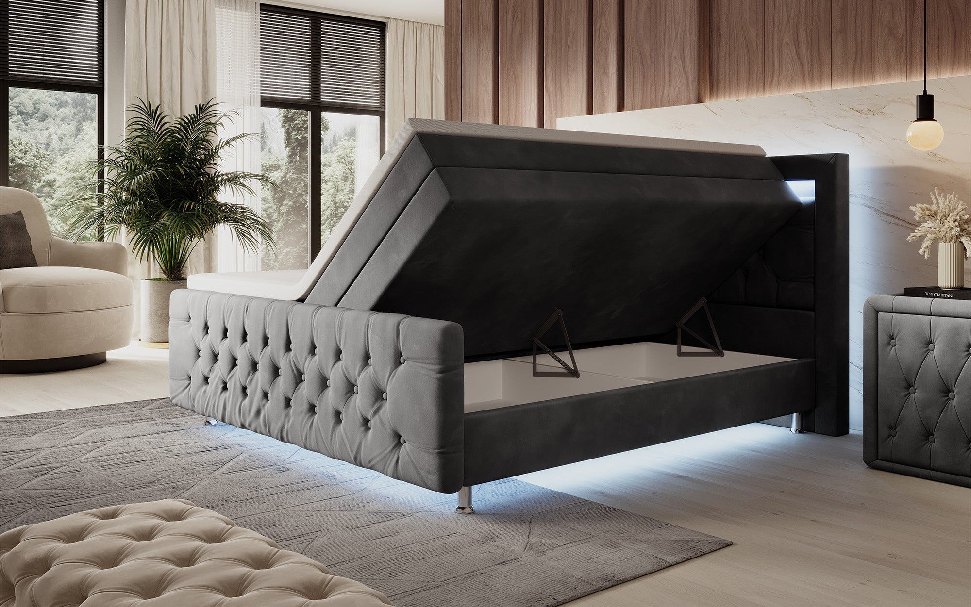 Luxuriöses Boxspringbett Lorena: LED Beleuchtung, Stauraum, Samtbezug für erholsamen Schlaf