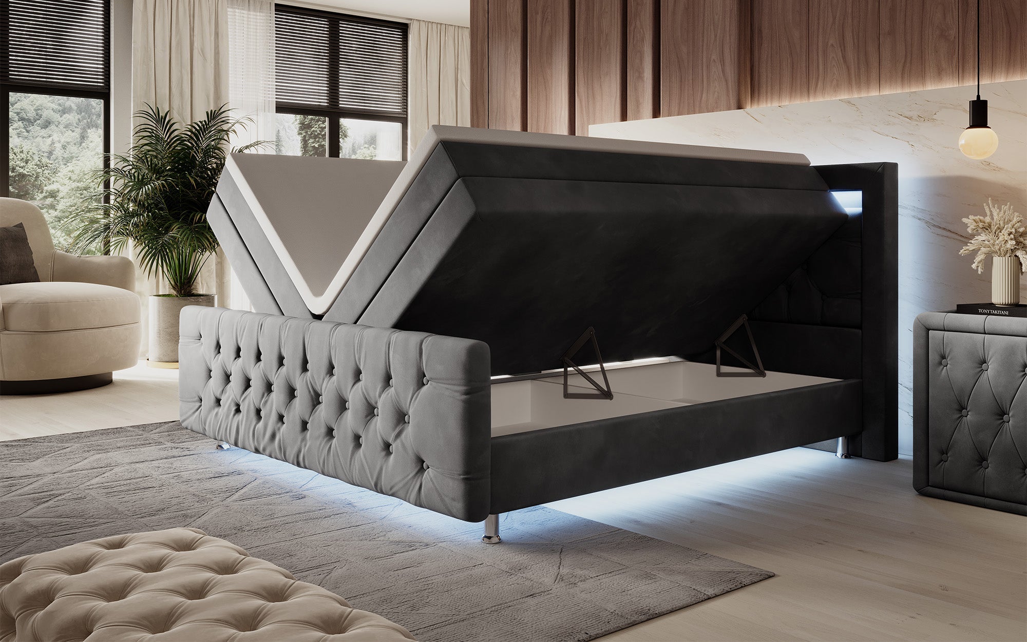 Luxuriöses Boxspringbett Lorena: LED Beleuchtung, Stauraum, Samtbezug für erholsamen Schlaf