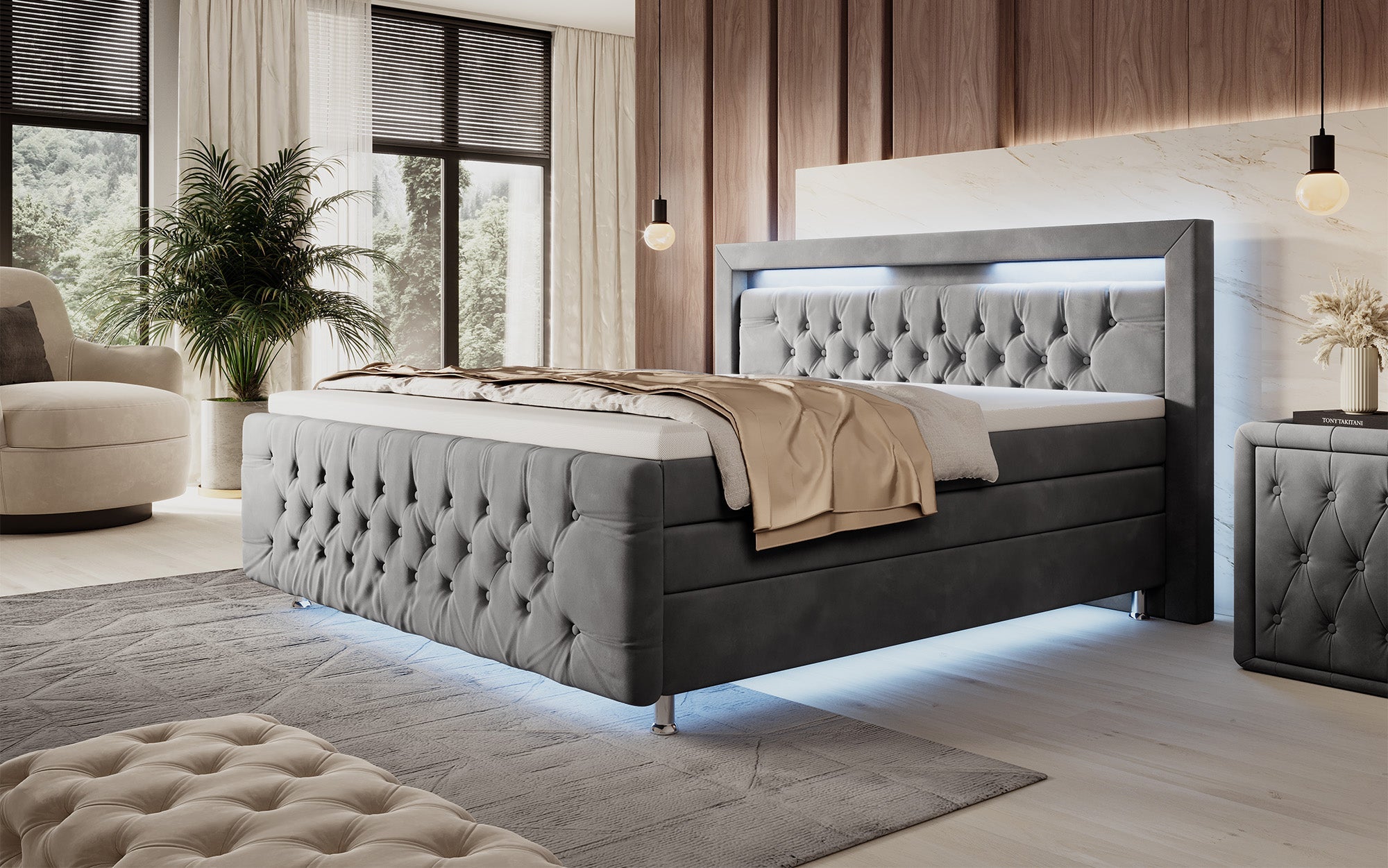 Luxuriöses Boxspringbett Lorena: LED Beleuchtung, Stauraum, Samtbezug für erholsamen Schlaf