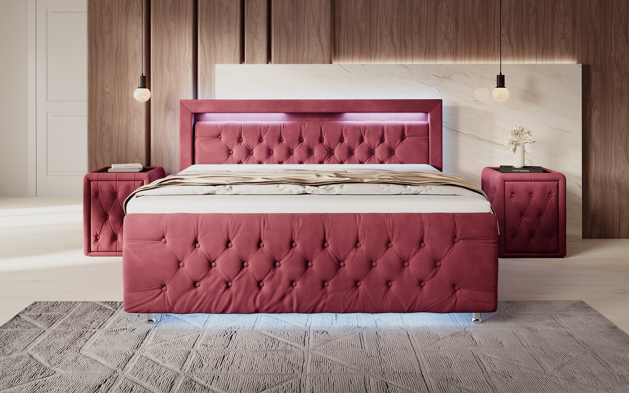Luxuriöses Boxspringbett Lorena: LED Beleuchtung, Stauraum, Samtbezug für erholsamen Schlaf