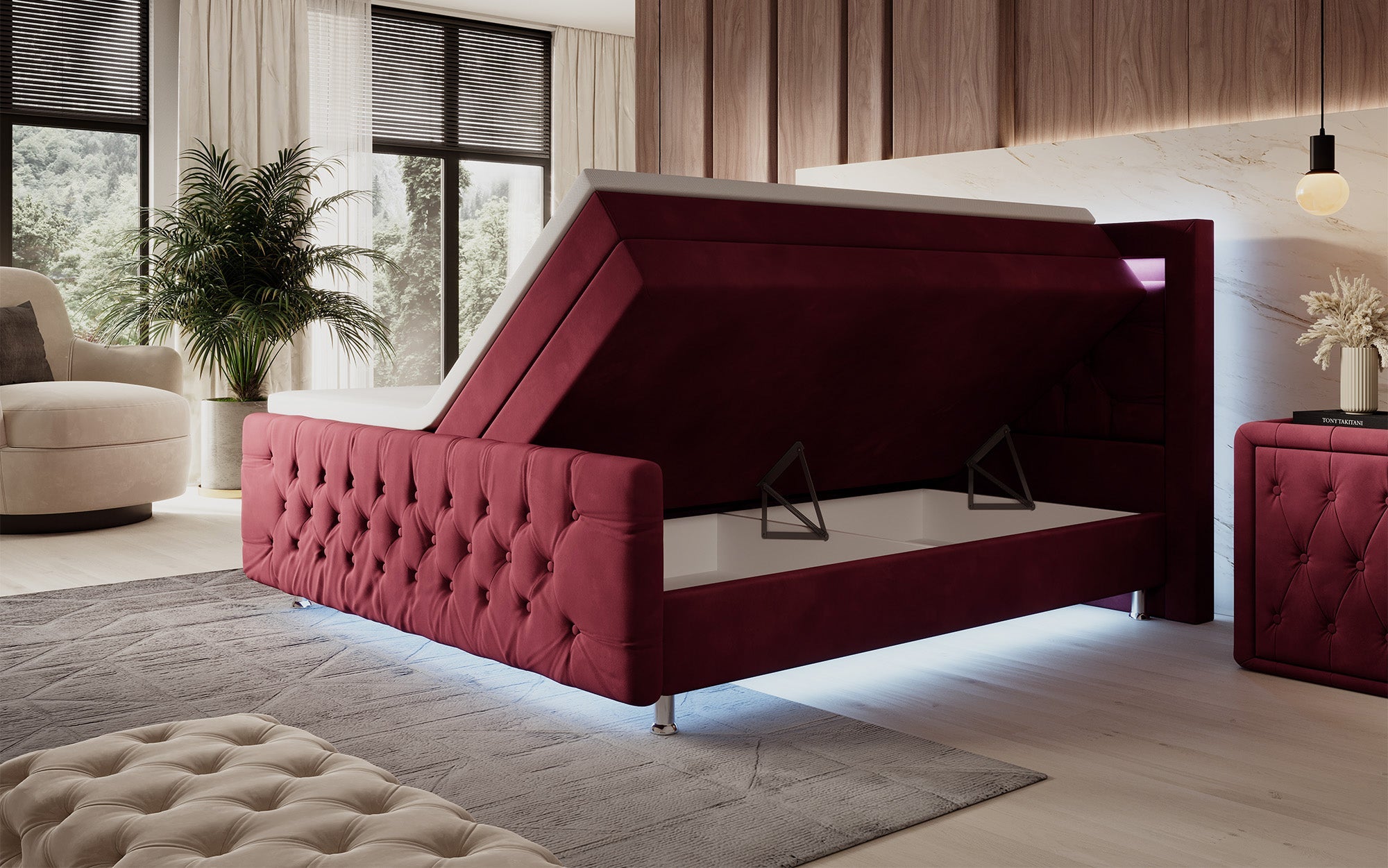Luxuriöses Boxspringbett Lorena: LED Beleuchtung, Stauraum, Samtbezug für erholsamen Schlaf